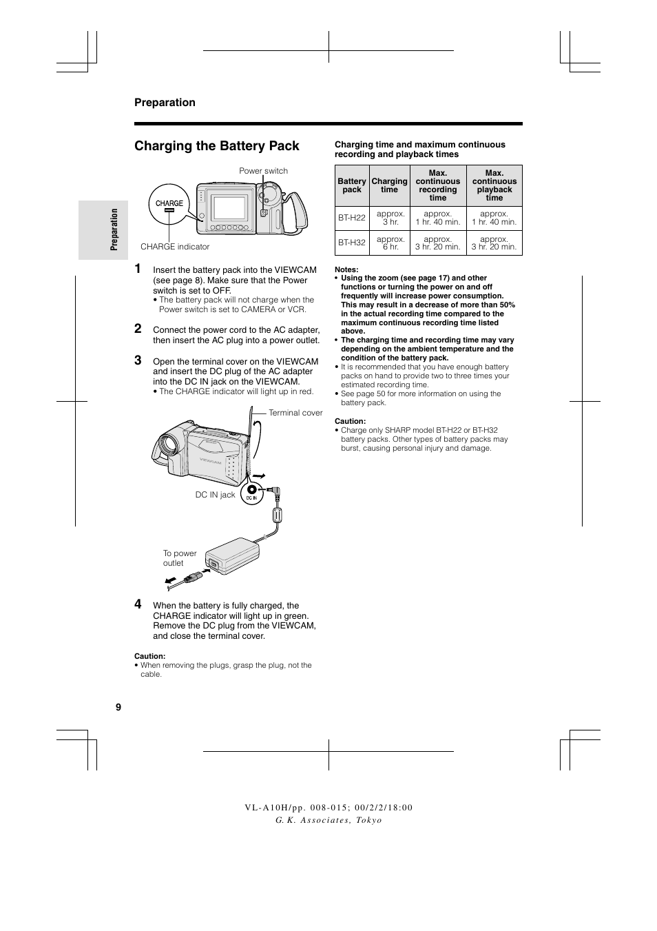 Charging the battery pack 1, Preparation | Sharp VIEWCAM VL-A10H User Manual | Page 16 / 63
