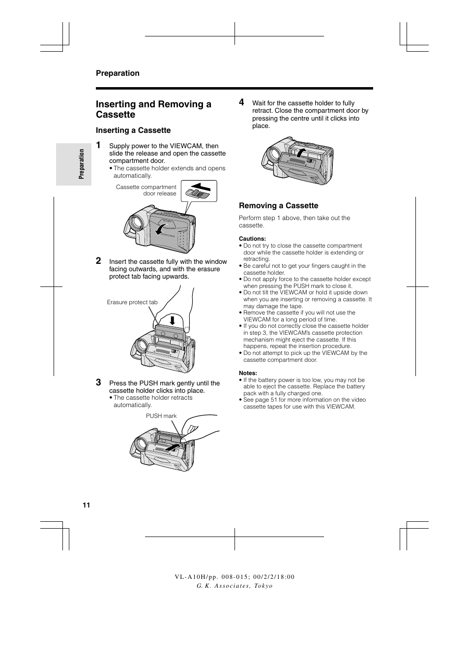 Inserting and removing a cassette | Sharp VIEWCAM VL-A10H User Manual | Page 18 / 63