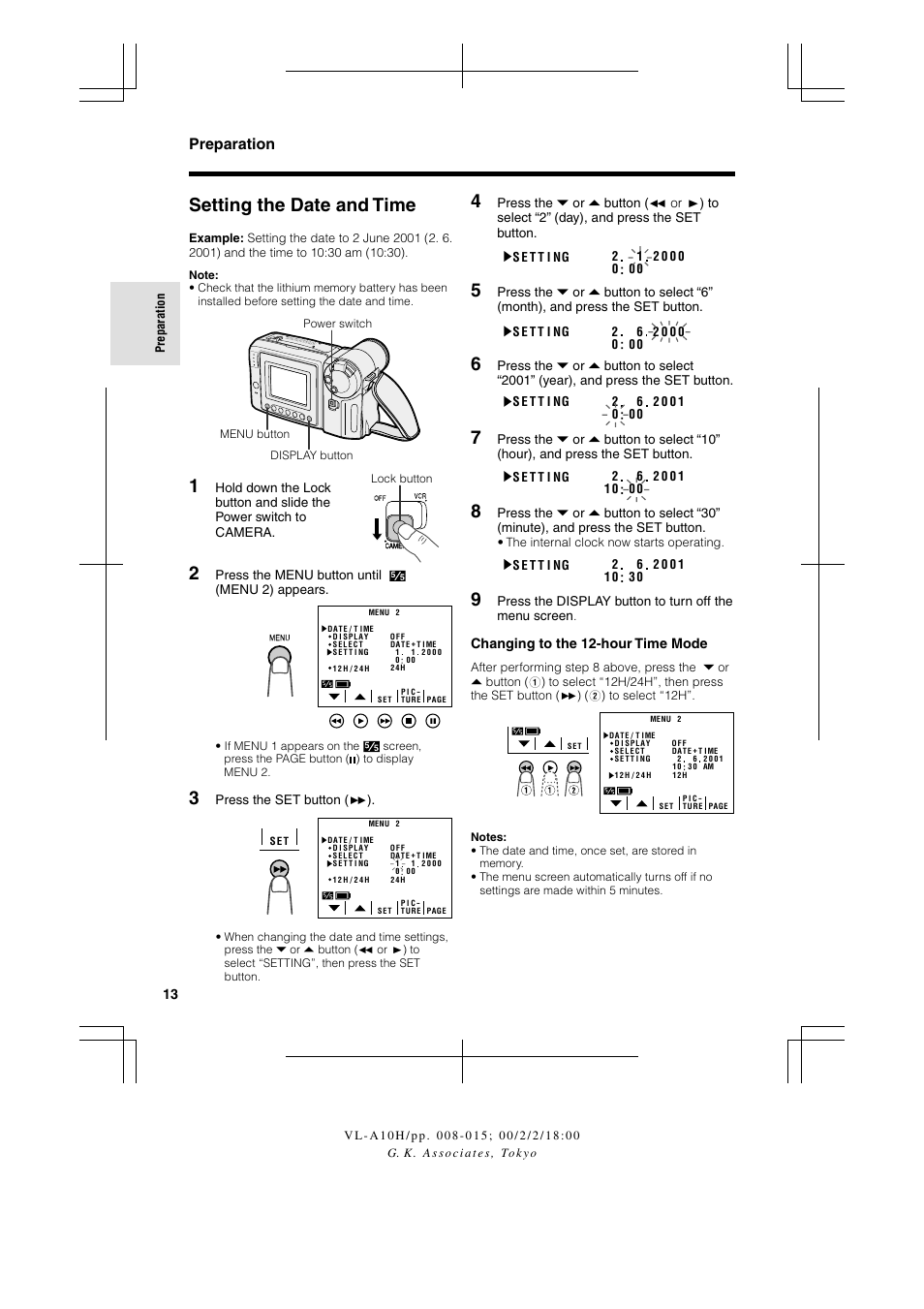 Setting the date and time, Preparation | Sharp VIEWCAM VL-A10H User Manual | Page 20 / 63