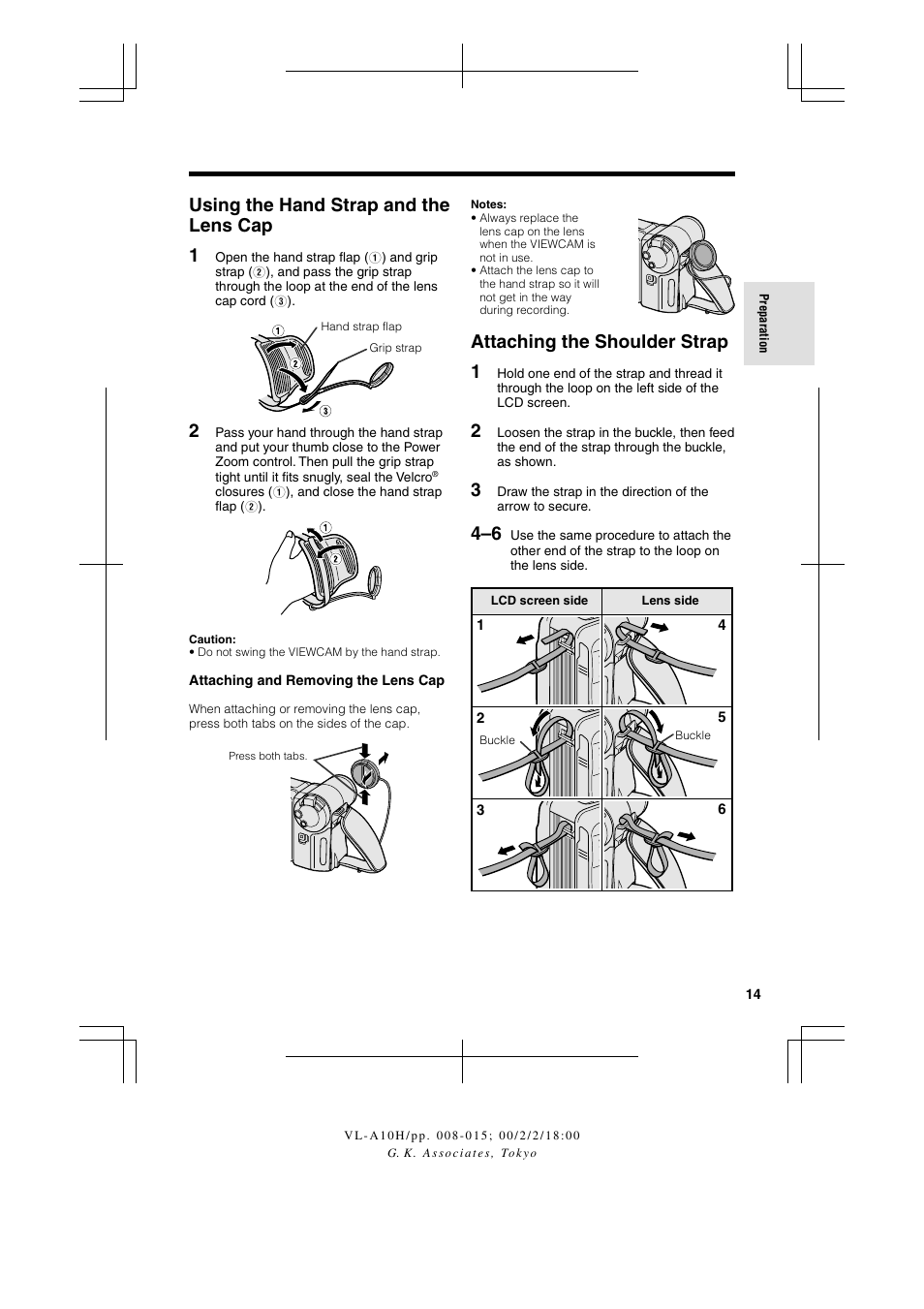 Using the hand strap and the lens cap 1, Attaching the shoulder strap 1 | Sharp VIEWCAM VL-A10H User Manual | Page 21 / 63