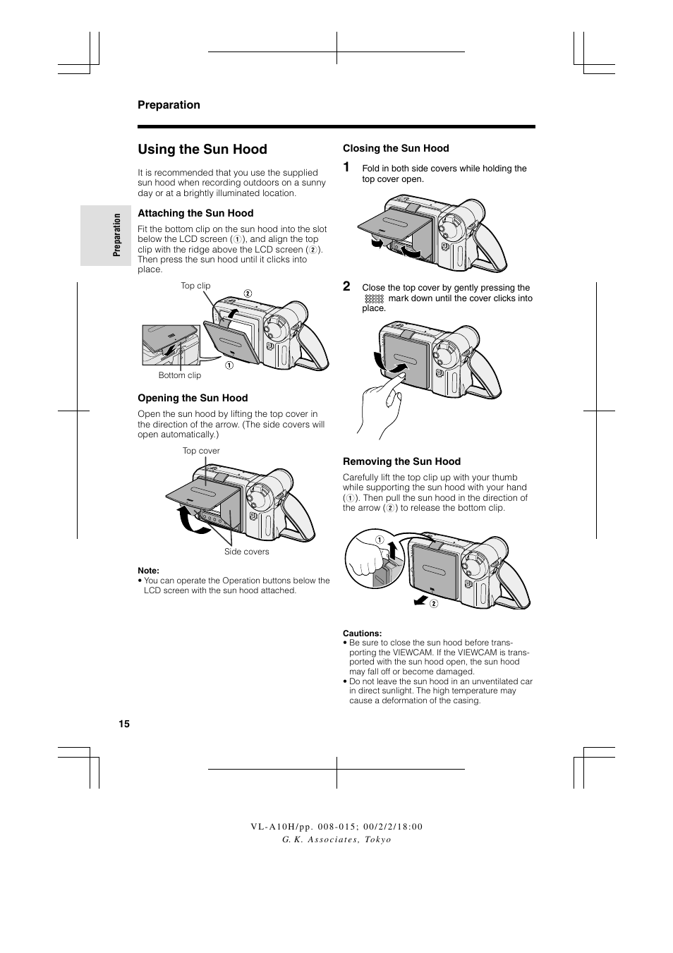 Using the sun hood | Sharp VIEWCAM VL-A10H User Manual | Page 22 / 63