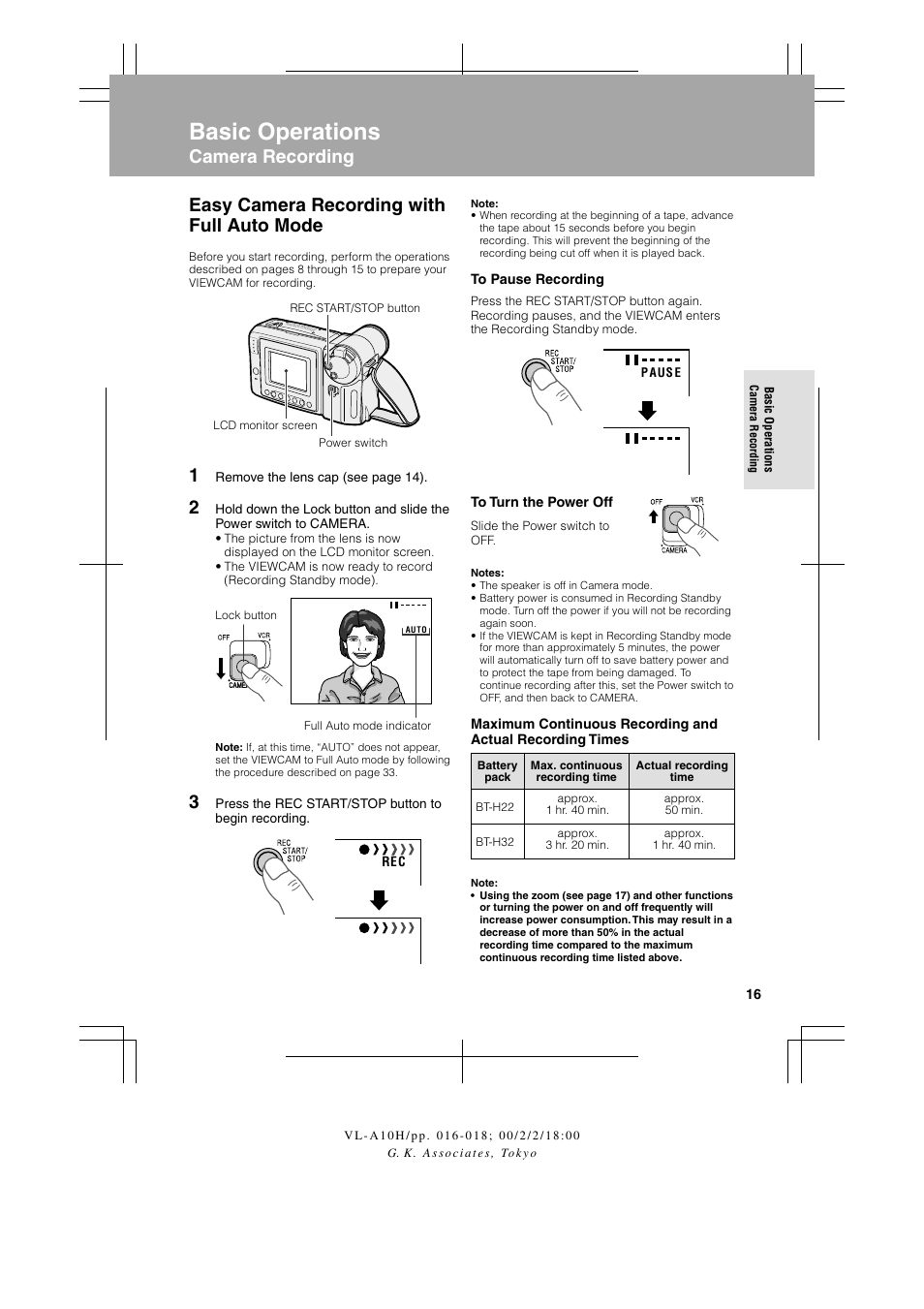 Basic operations, Easy camera recording with full auto mode, Camera recording | Sharp VIEWCAM VL-A10H User Manual | Page 23 / 63