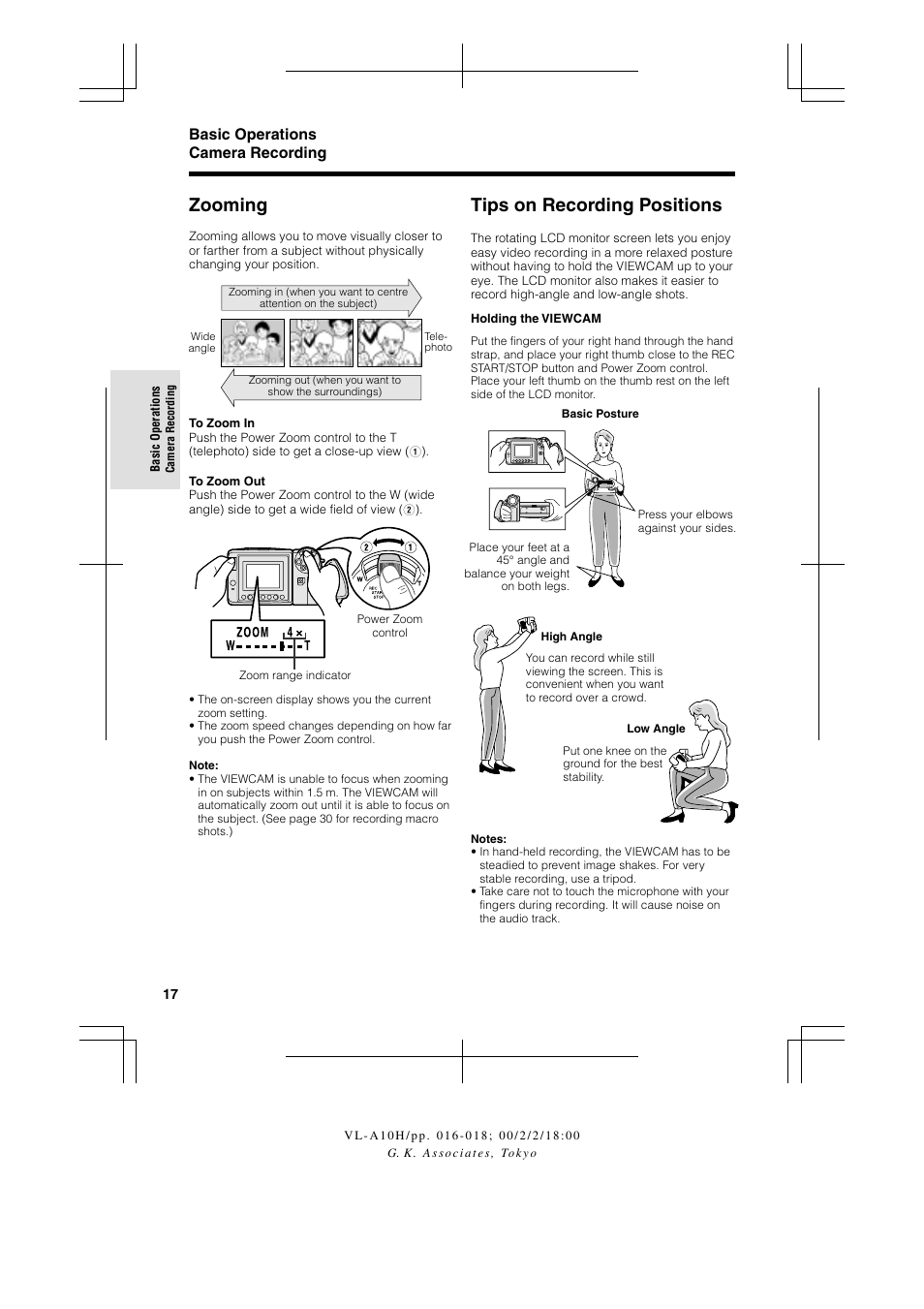 Zooming, Tips on recording positions, Basic operations camera recording | Sharp VIEWCAM VL-A10H User Manual | Page 24 / 63