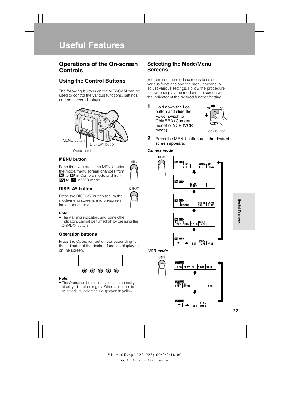 Operations of the on-screen controls, Selecting the mode/menu screens, Using the control buttons | Useful features | Sharp VIEWCAM VL-A10H User Manual | Page 29 / 63