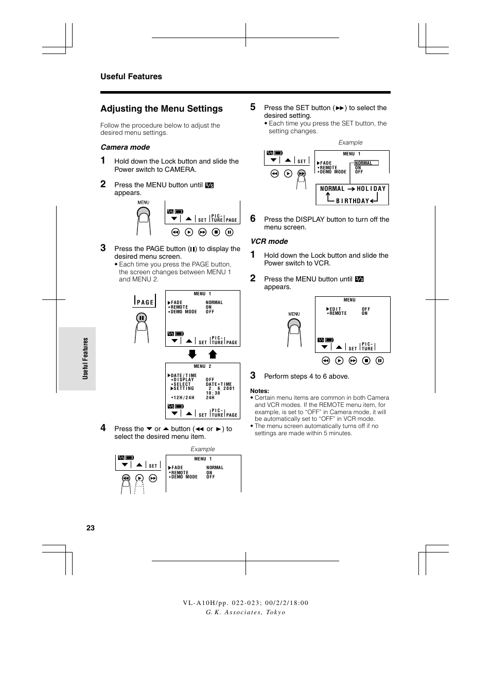 Adjusting the menu settings, Useful features | Sharp VIEWCAM VL-A10H User Manual | Page 30 / 63