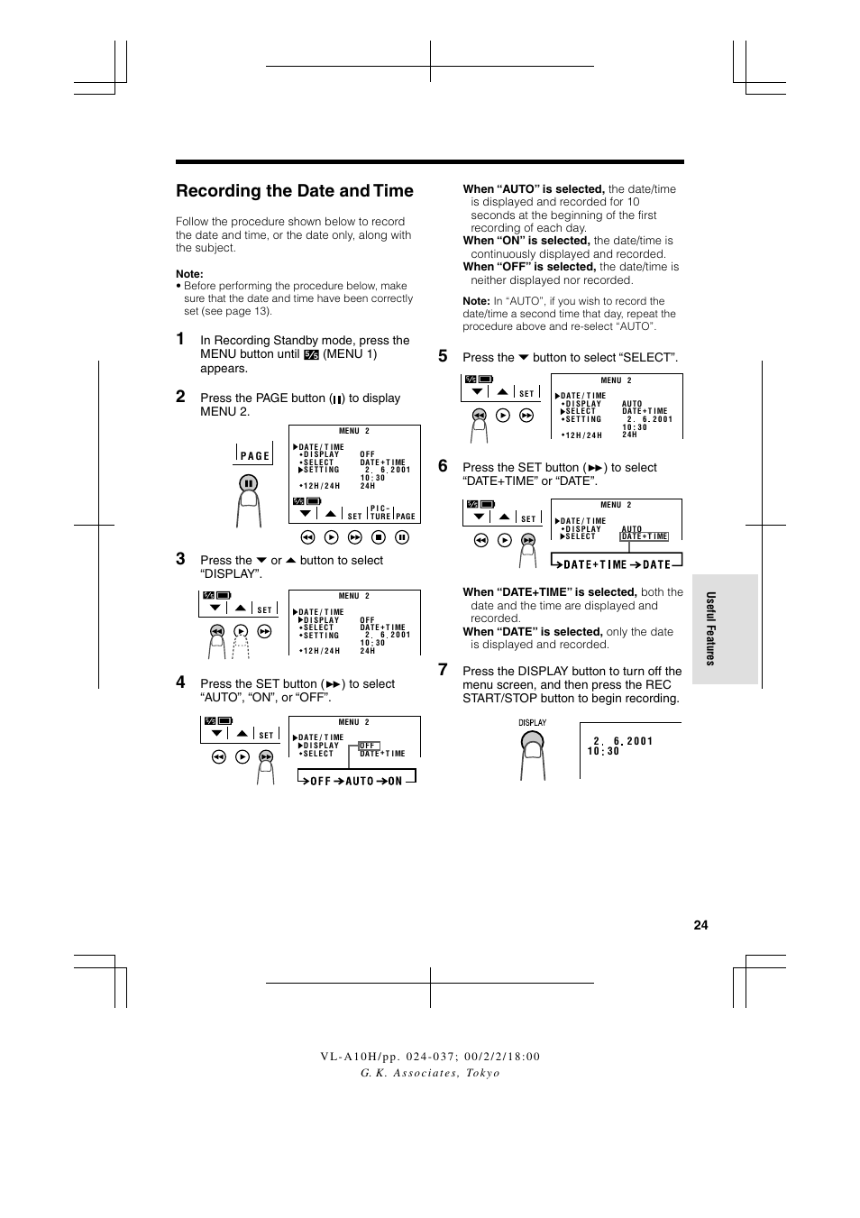 Recording the date and time | Sharp VIEWCAM VL-A10H User Manual | Page 31 / 63