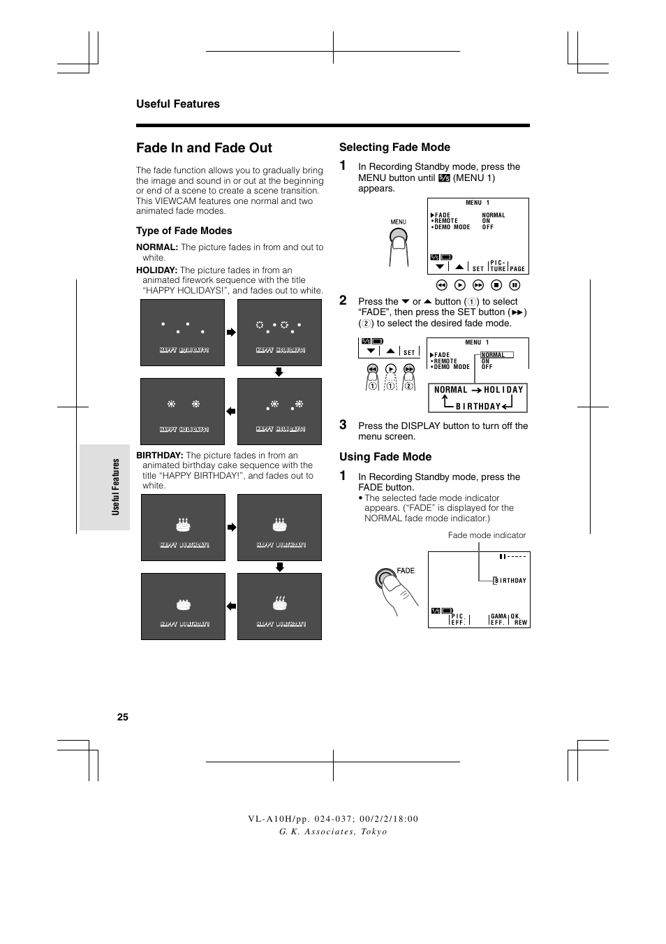 Fade in and fade out, Useful features, Selecting fade mode | Using fade mode, Type of fade modes | Sharp VIEWCAM VL-A10H User Manual | Page 32 / 63