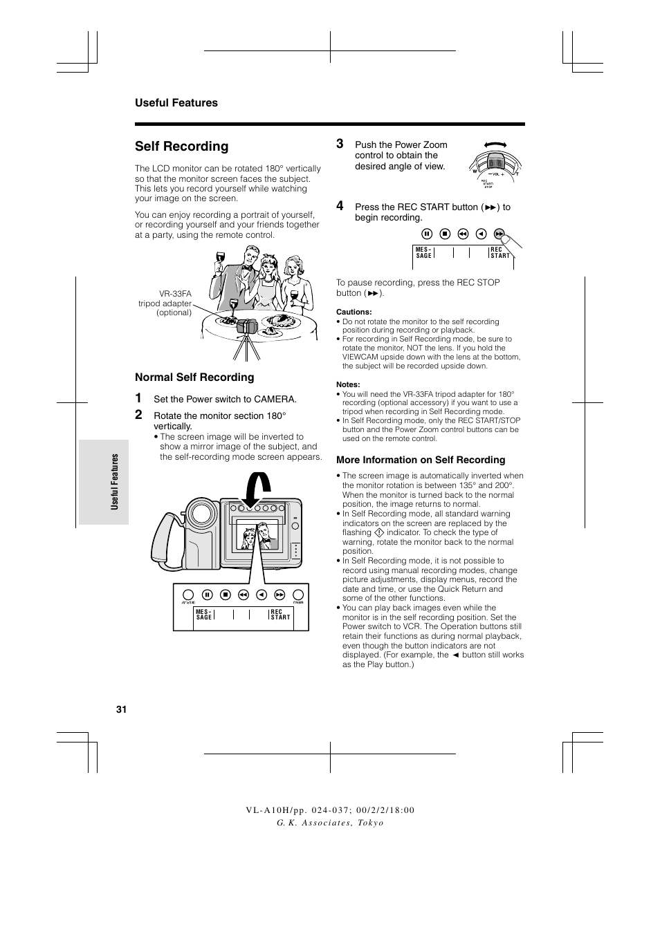 Self recording, Useful features, Normal self recording | Sharp VIEWCAM VL-A10H User Manual | Page 38 / 63