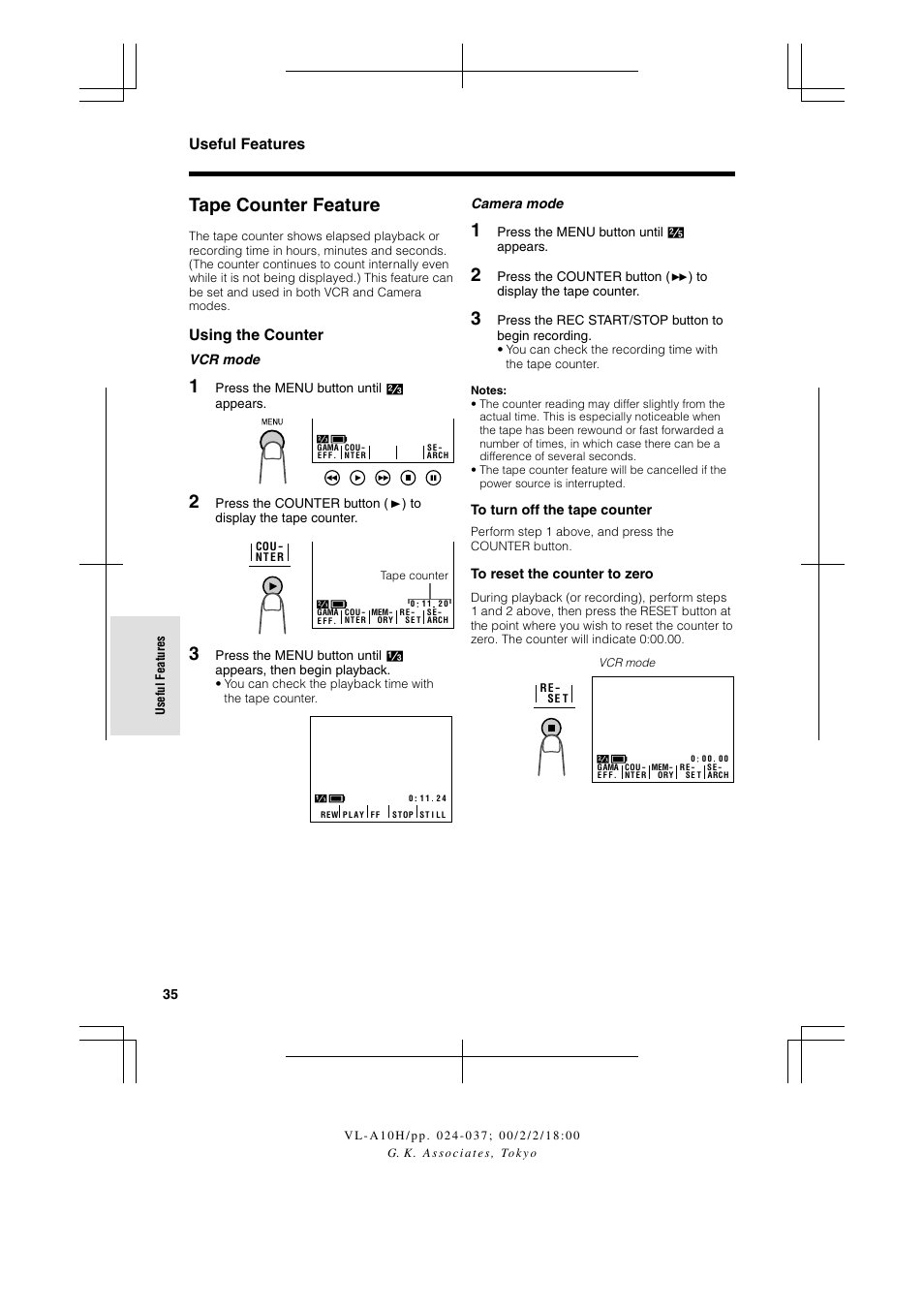 Tape counter feature, Useful features, Using the counter | Sharp VIEWCAM VL-A10H User Manual | Page 42 / 63
