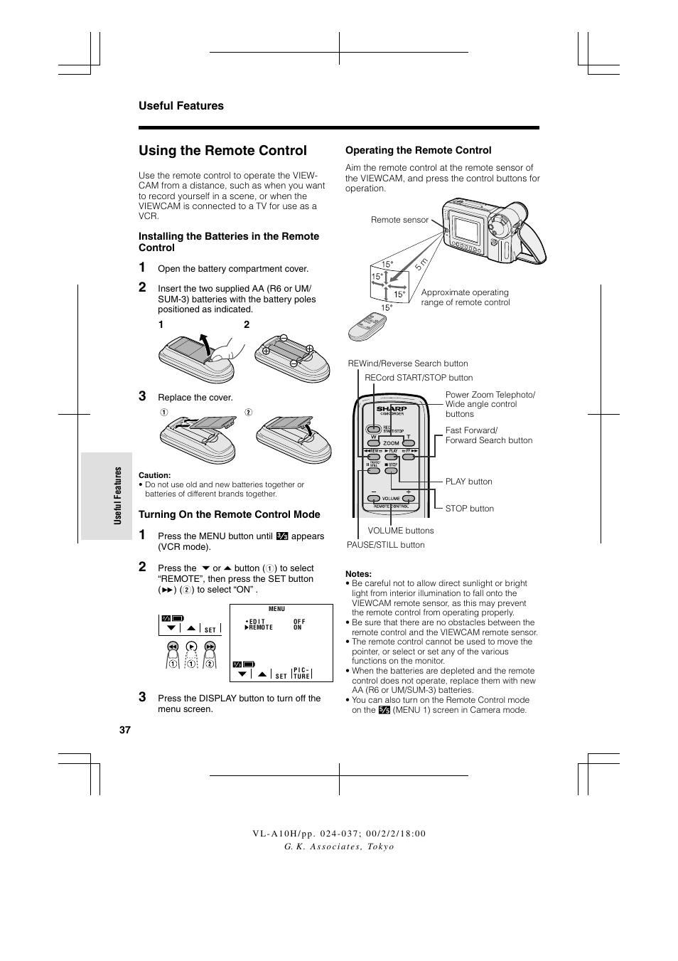 Using the remote control, Useful features | Sharp VIEWCAM VL-A10H User Manual | Page 44 / 63