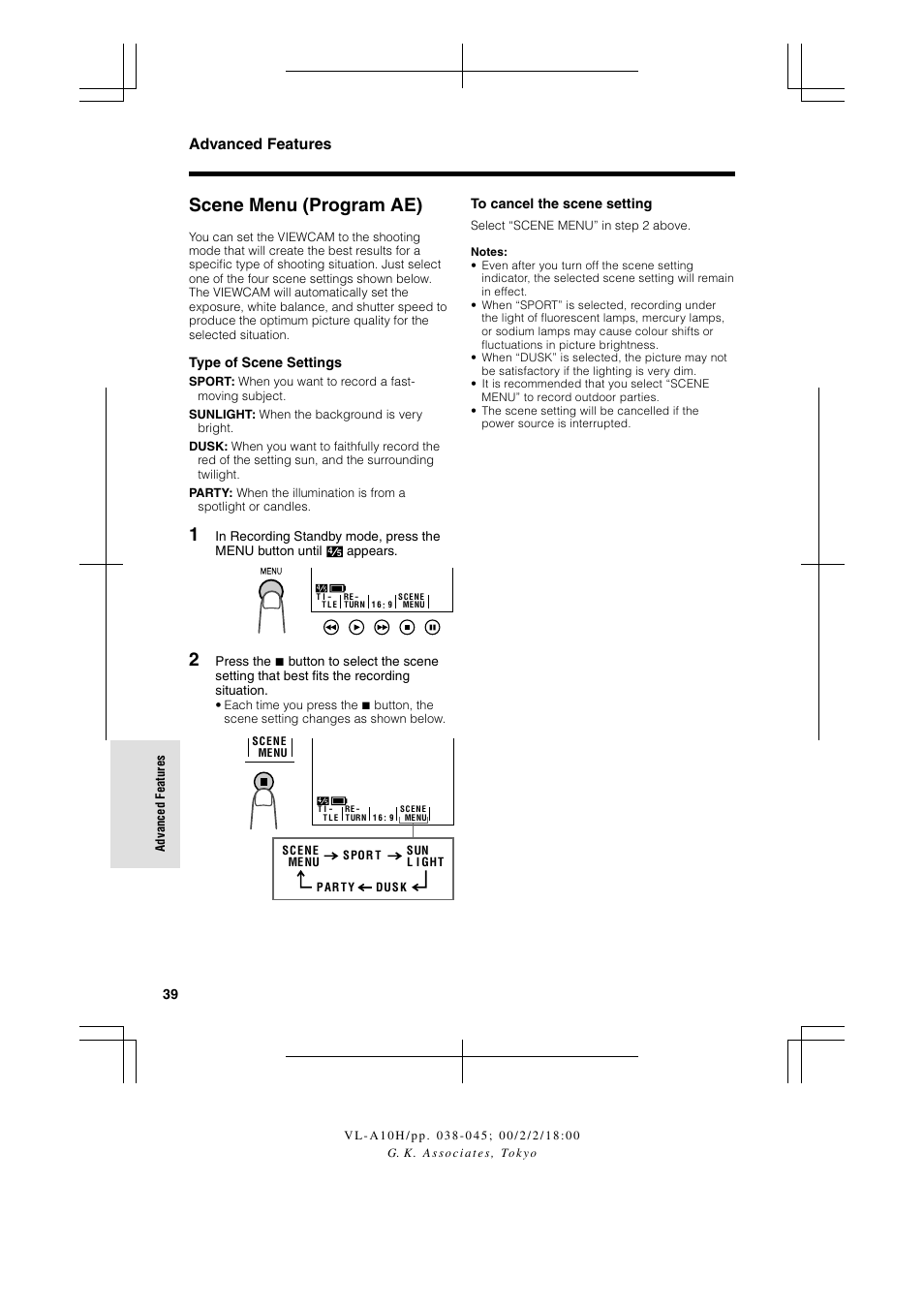 Scene menu (program ae), Advanced features | Sharp VIEWCAM VL-A10H User Manual | Page 46 / 63