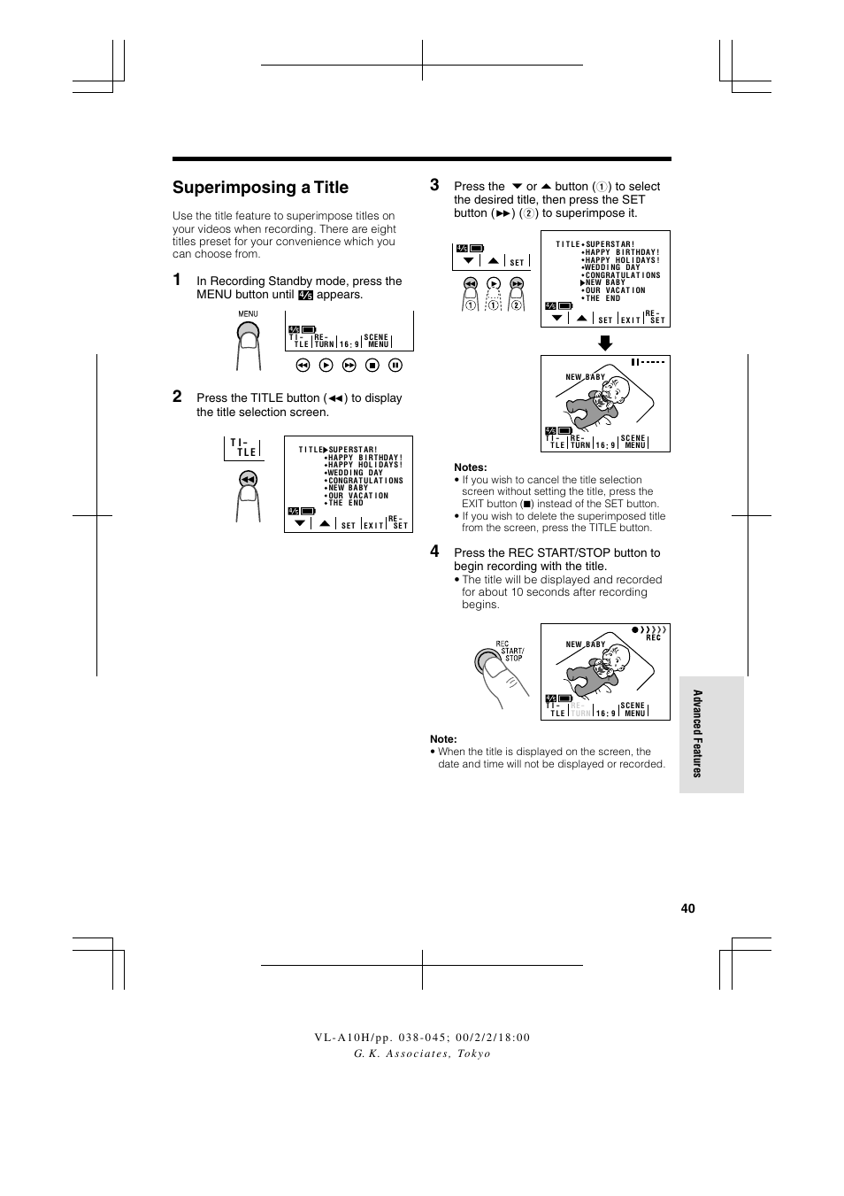 Superimposing a title | Sharp VIEWCAM VL-A10H User Manual | Page 47 / 63