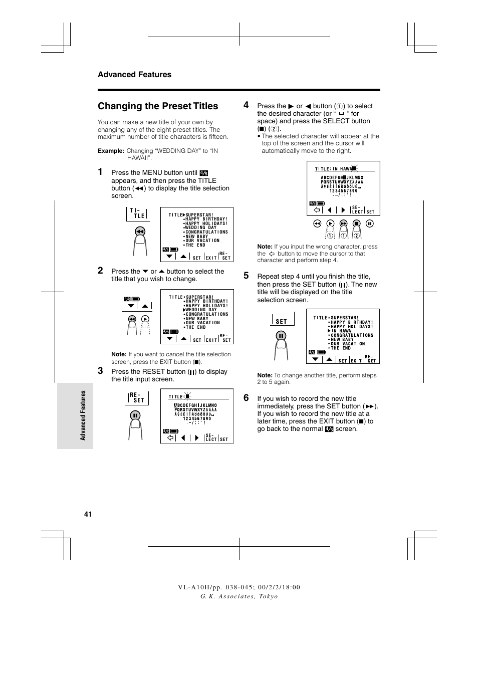 Changing the preset titles, Advanced features | Sharp VIEWCAM VL-A10H User Manual | Page 48 / 63