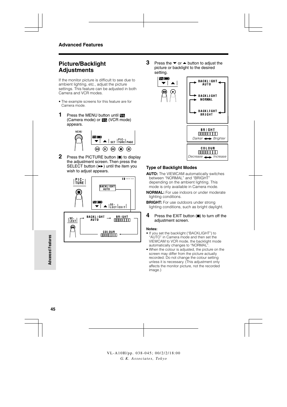 Picture/backlight adjustments, Advanced features | Sharp VIEWCAM VL-A10H User Manual | Page 52 / 63