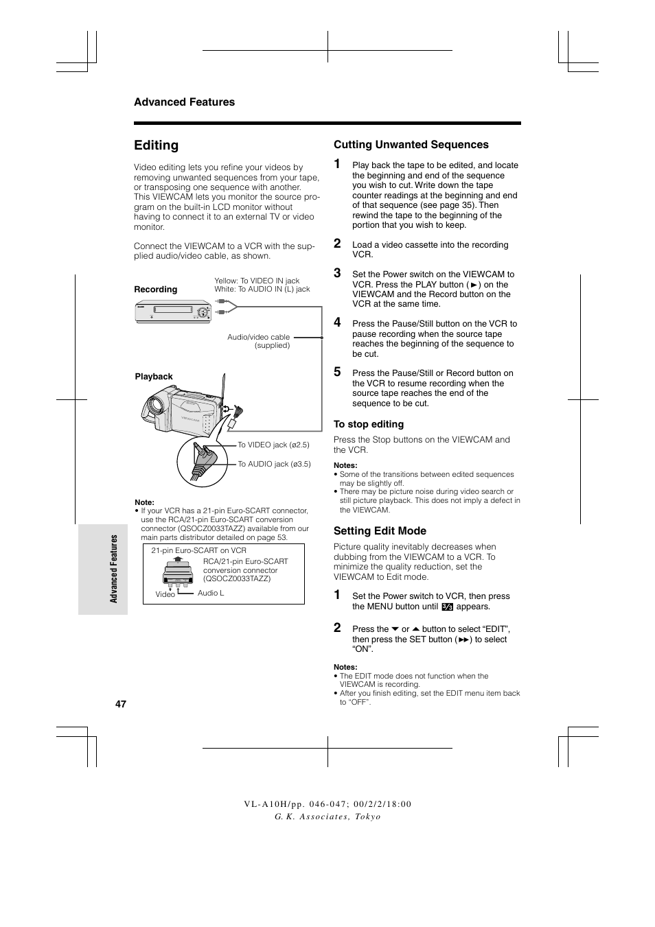 Editing, Advanced features, Cutting unwanted sequences | Setting edit mode | Sharp VIEWCAM VL-A10H User Manual | Page 54 / 63