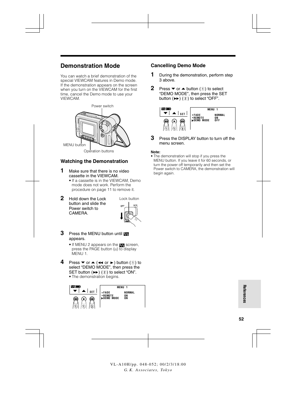 Demonstration mode, Watching the demonstration, Cancelling demo mode | Sharp VIEWCAM VL-A10H User Manual | Page 59 / 63