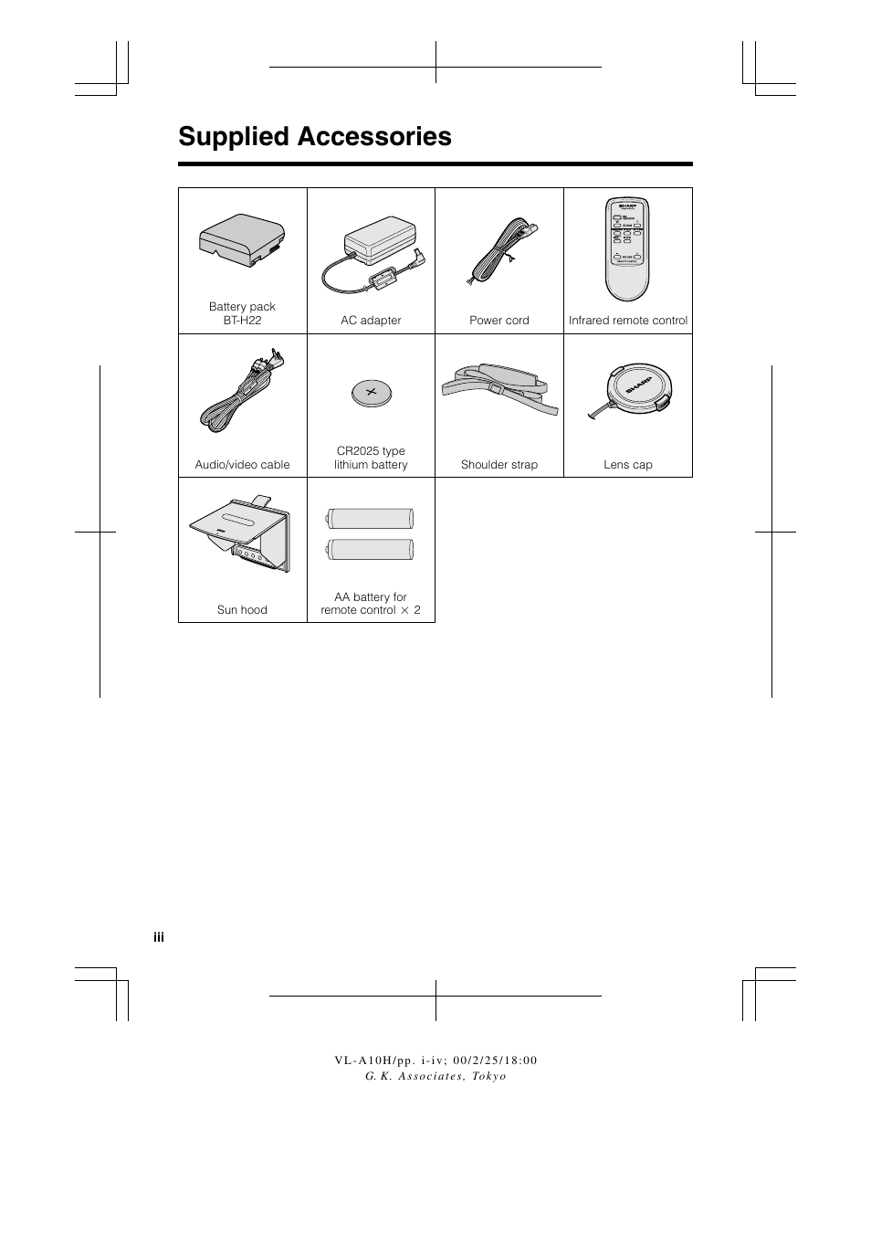 Supplied accessories | Sharp VIEWCAM VL-A10H User Manual | Page 6 / 63