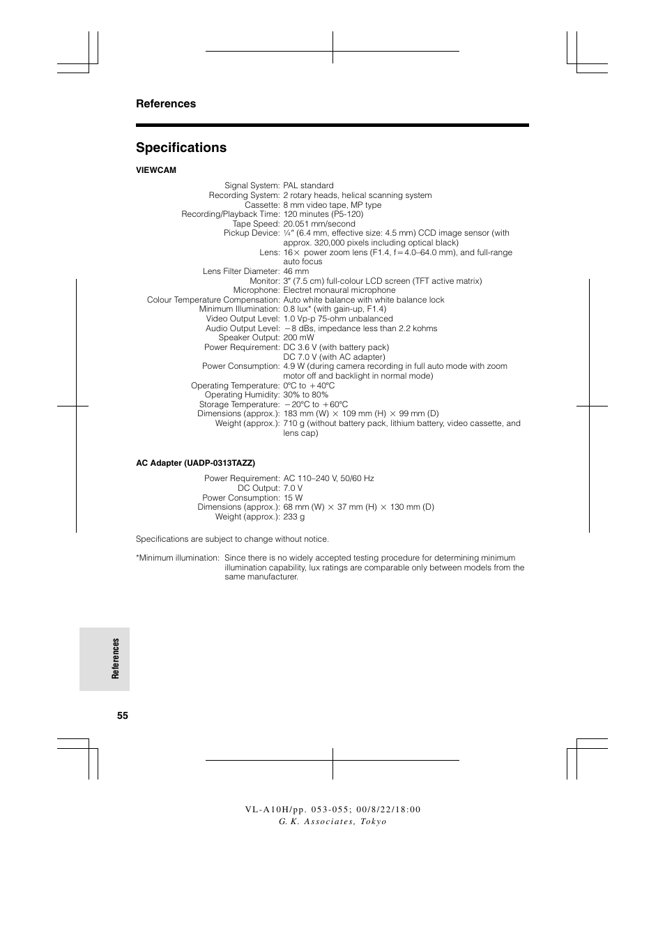 Specifications, References | Sharp VIEWCAM VL-A10H User Manual | Page 62 / 63