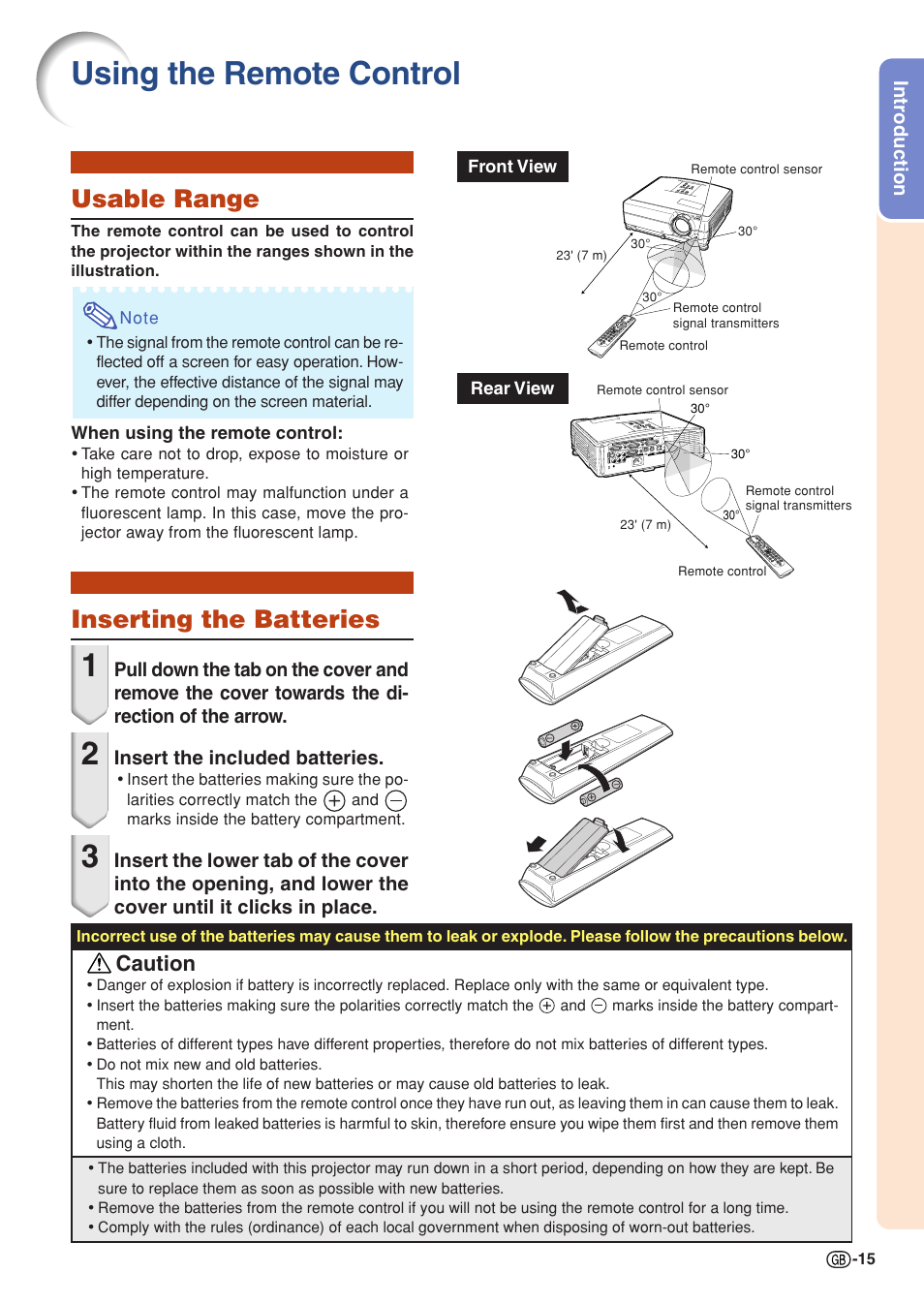 Using the remote control, Usable range, Inserting the batteries | Usable range inserting the batteries, Caution | Sharp XG-C430X User Manual | Page 17 / 71