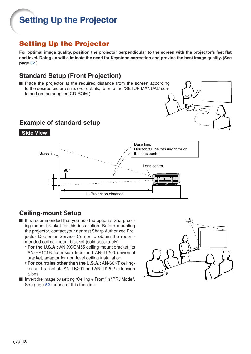 Setup, Setting up the projector, Standard setup (front projection) | Example of standard setup, Ceiling-mount setup | Sharp XG-C430X User Manual | Page 20 / 71