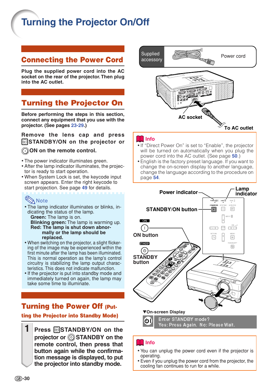 Basic operation, Turning the projector on/off, Connecting the power cord | Turning the projector on, Standby mode), Ac socket, Turning the power off | Sharp XG-C430X User Manual | Page 32 / 71