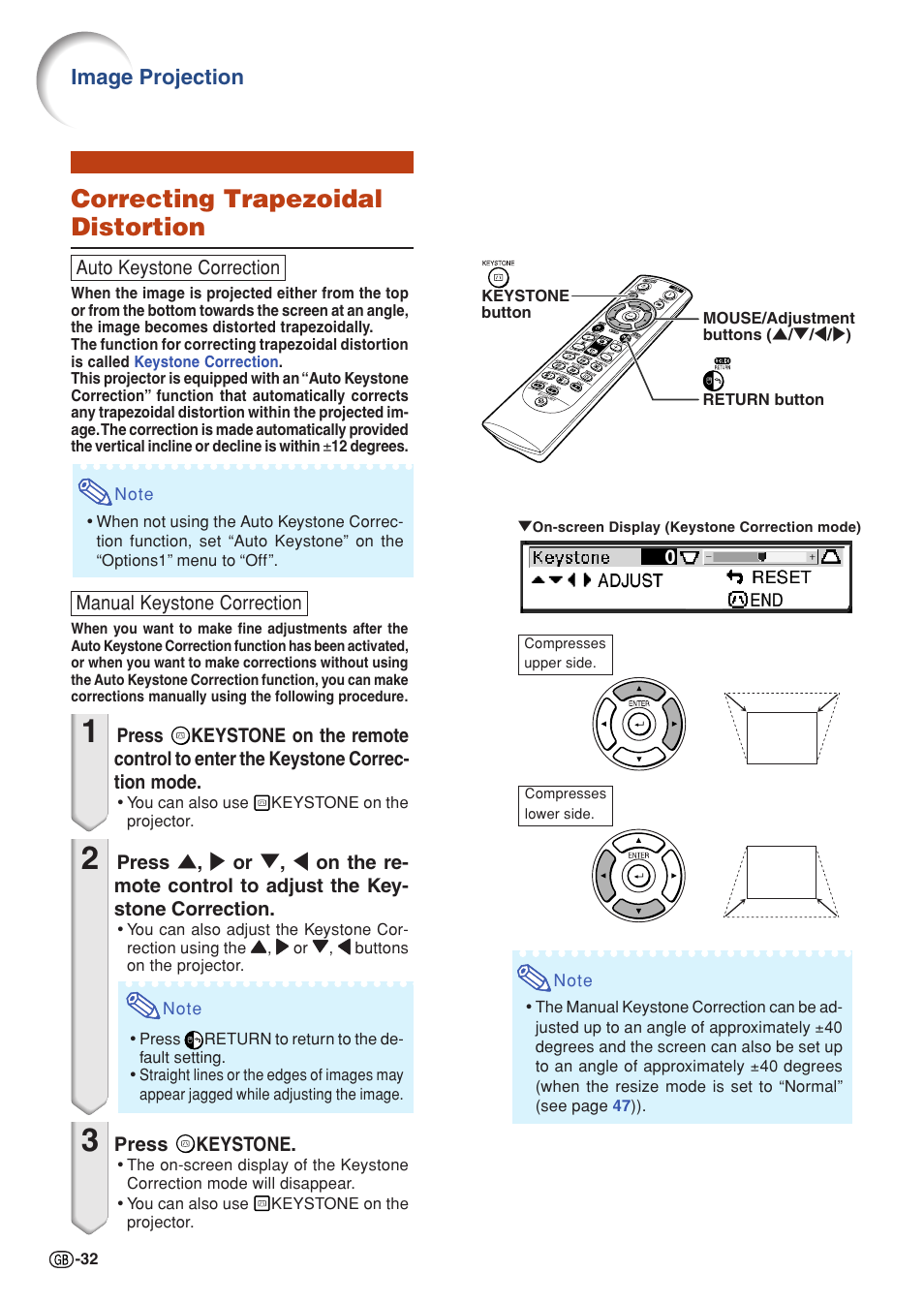 Correcting trapezoidal distortion, Image projection | Sharp XG-C430X User Manual | Page 34 / 71