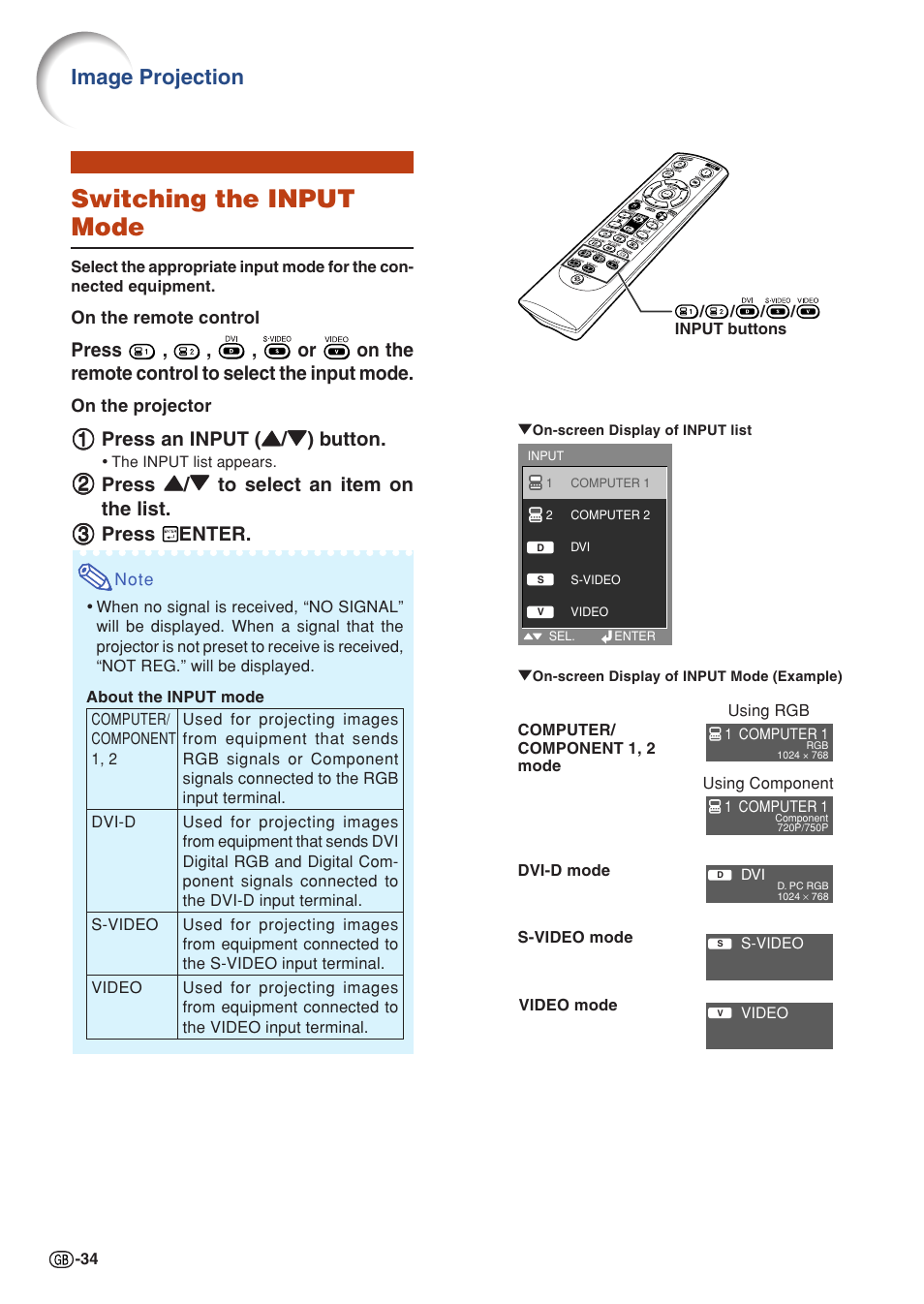 Switching the input mode, Image projection | Sharp XG-C430X User Manual | Page 36 / 71