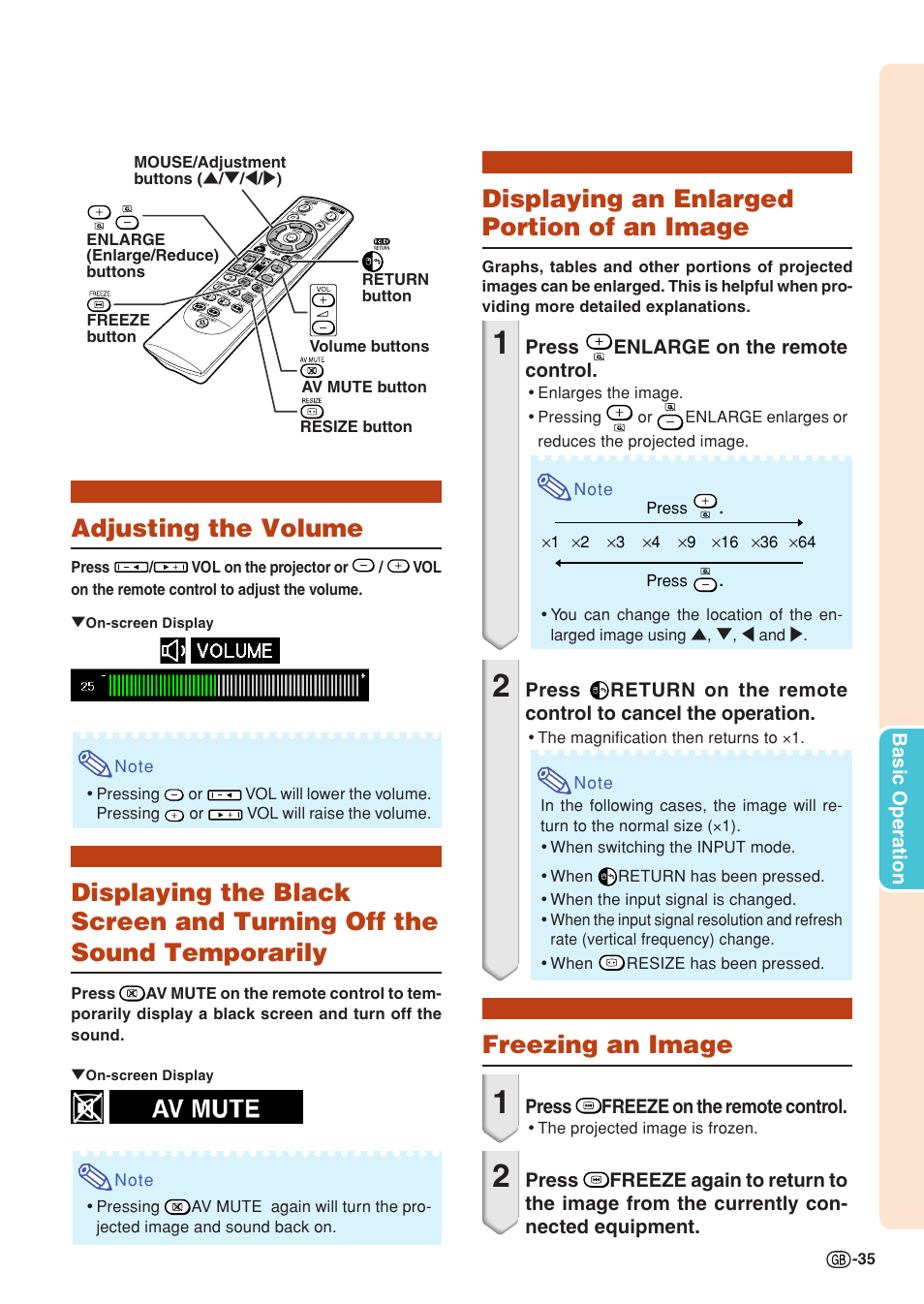 Adjusting the volume, Displaying an enlarged portion of an image, Freezing an image | Off the sound temporarily, E/reduce) | Sharp XG-C430X User Manual | Page 37 / 71