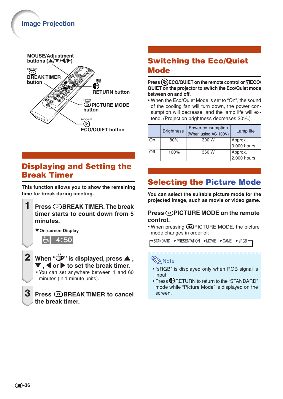 Displaying and setting the break timer, Switching the eco/quiet mode, Selecting the picture mode | Image projection | Sharp XG-C430X User Manual | Page 38 / 71