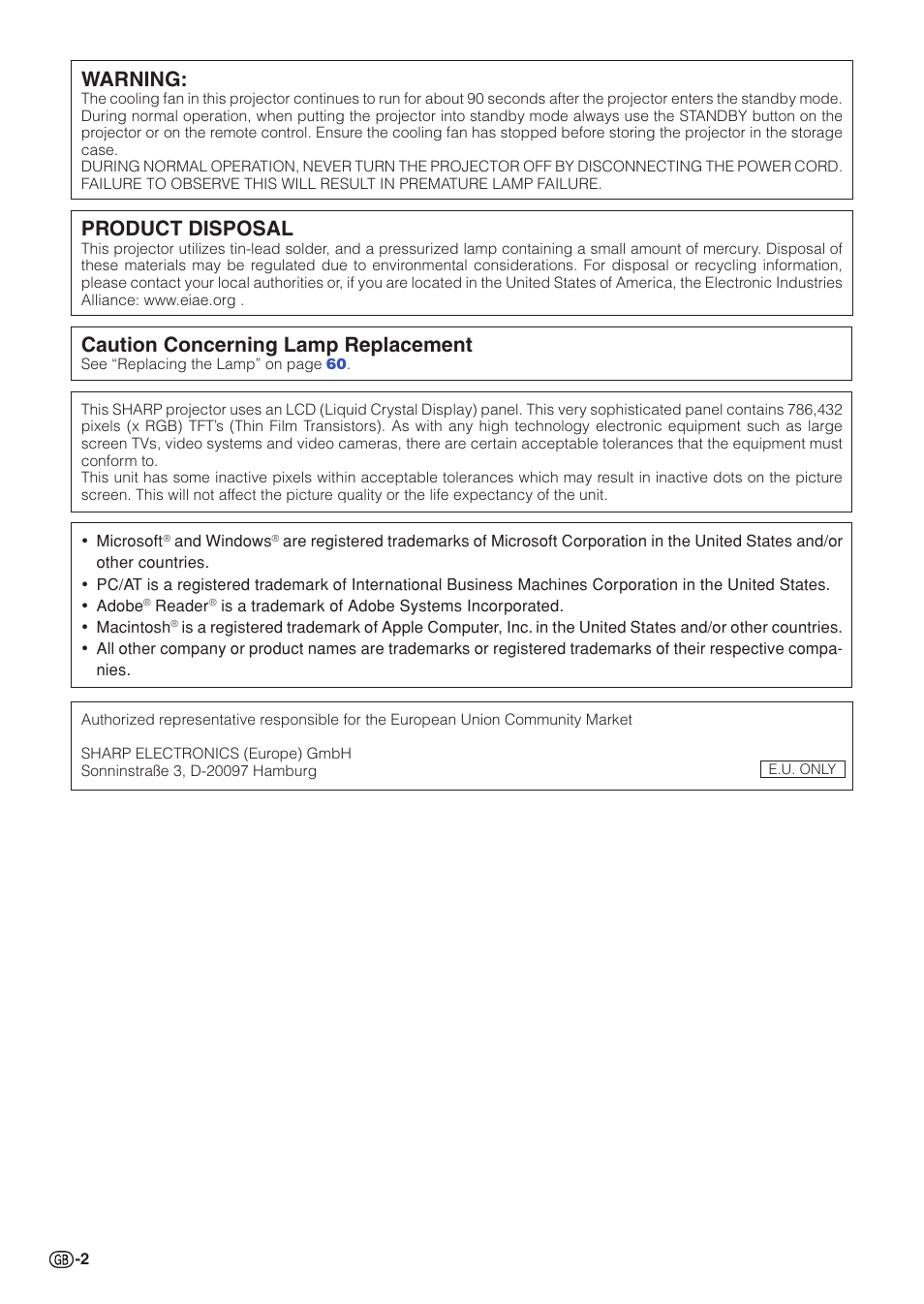 Warning, Product disposal, Caution concerning lamp replacement | Sharp XG-C430X User Manual | Page 4 / 71