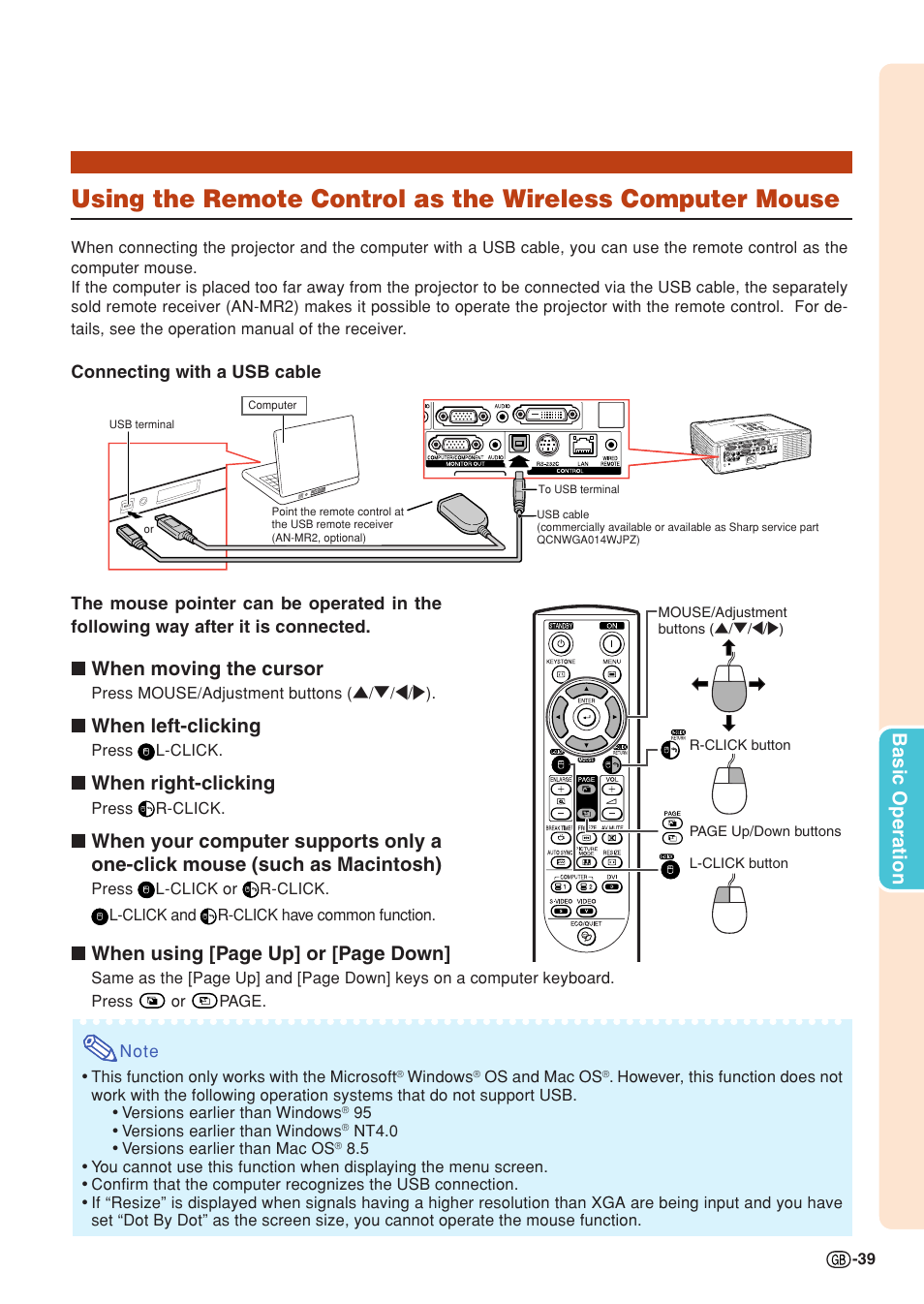 Using the remote control as the wireless, Computer mouse, Basic operation | When moving the cursor, When left-clicking, When right-clicking, When using [page up] or [page down | Sharp XG-C430X User Manual | Page 41 / 71