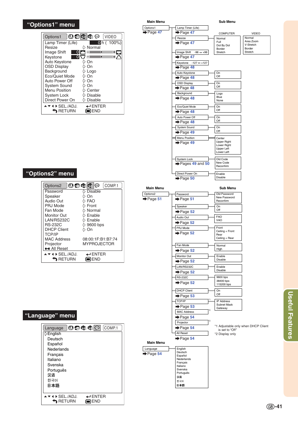 Useful features, Options1” menu “language” menu “options2” menu | Sharp XG-C430X User Manual | Page 43 / 71