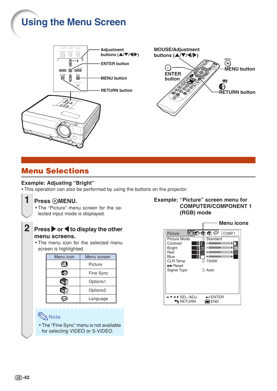 Using the menu screen, Menu selections | Sharp XG-C430X User Manual | Page 44 / 71