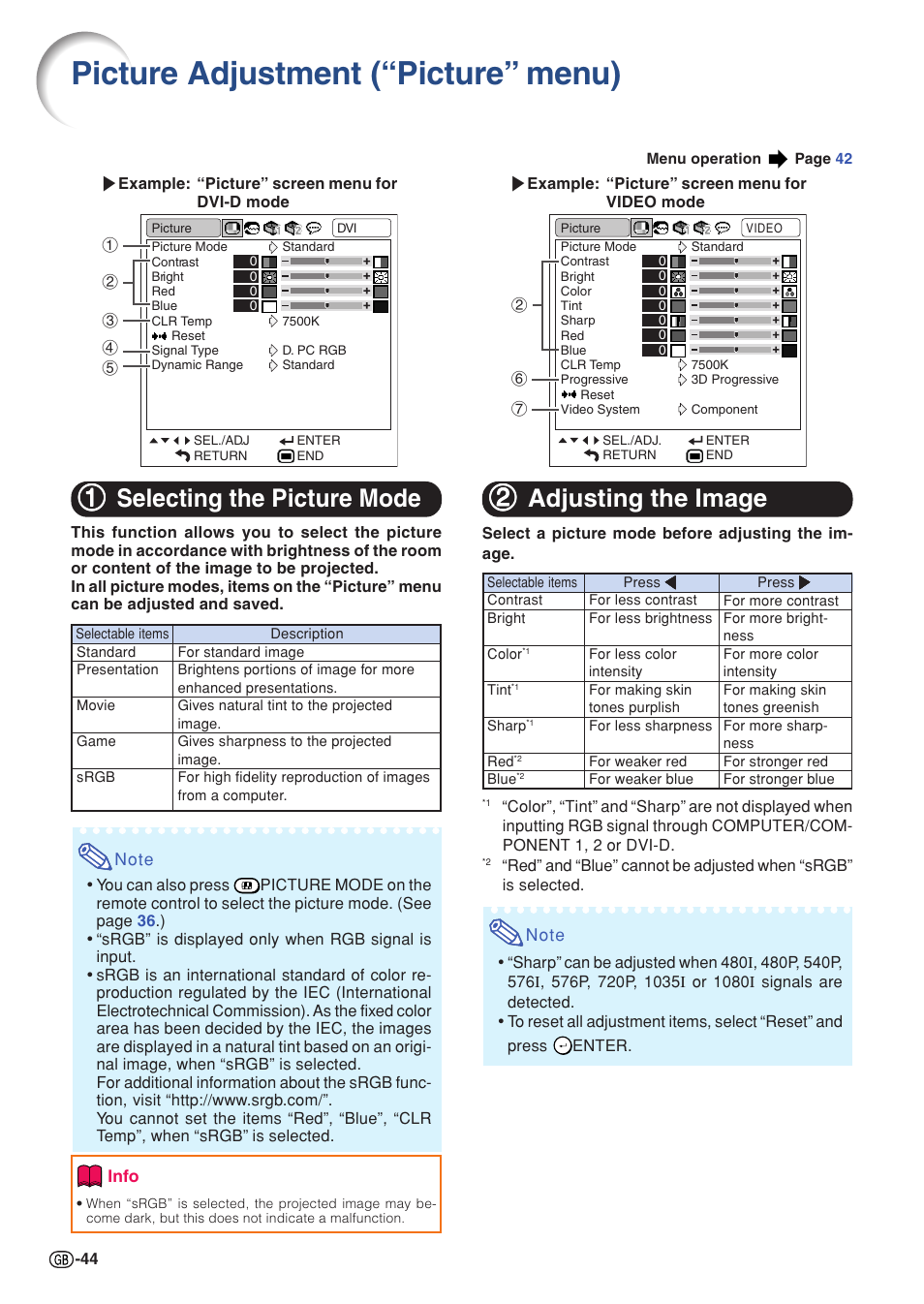 Picture adjustment (“picture” menu), Selecting the picture mode, Adjusting the image | Selecting the picture mode adjusting the image, 11 selecting the picture mode, 22 adjusting the image | Sharp XG-C430X User Manual | Page 46 / 71