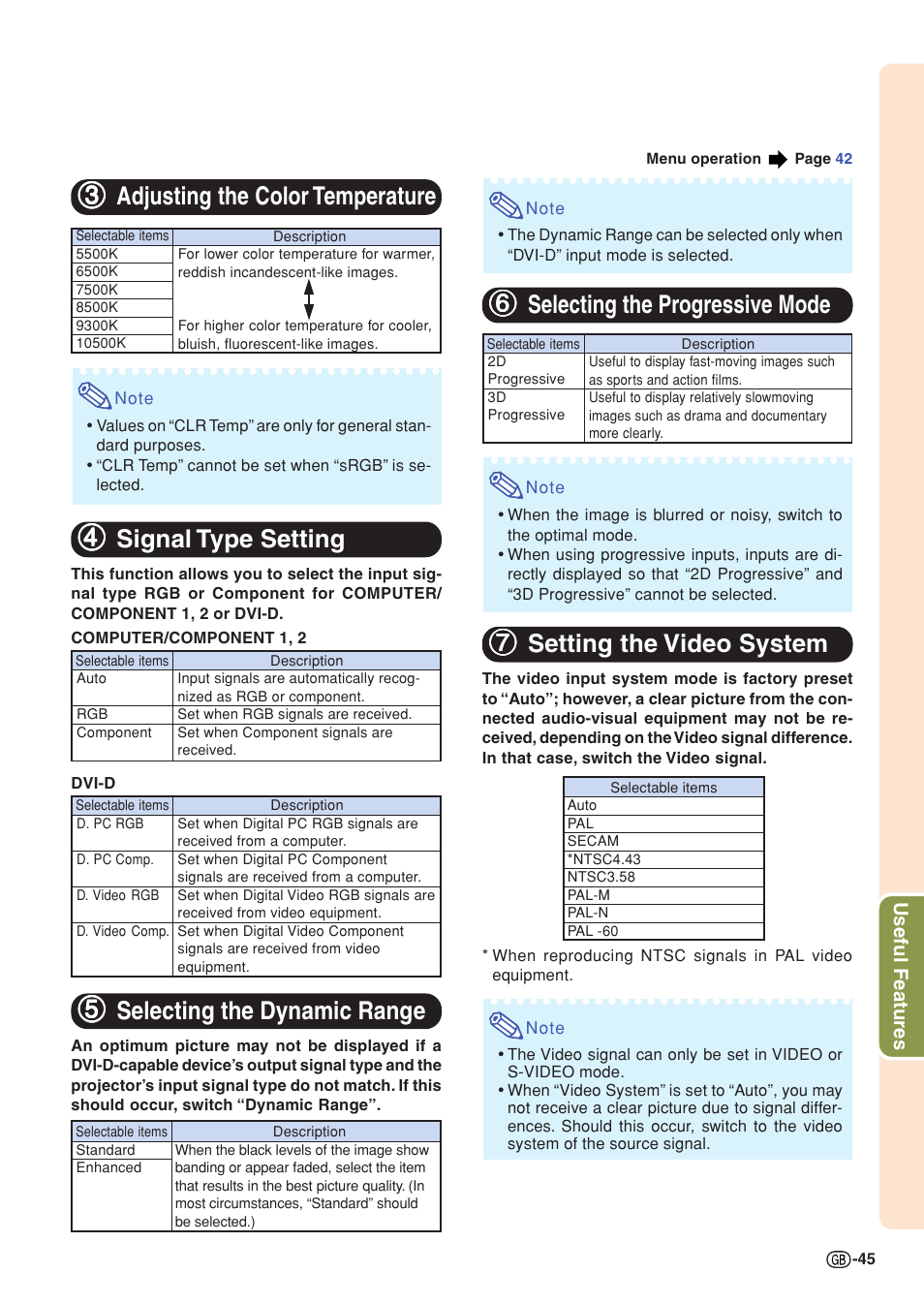 Adjusting the color temperature, Signal type setting, Selecting the dynamic range | Selecting the progressive mode, Setting the video system, 77 setting the video system, 44 signal type setting, 55 selecting the dynamic range, 33 adjusting the color temperature, 66 selecting the progressive mode | Sharp XG-C430X User Manual | Page 47 / 71