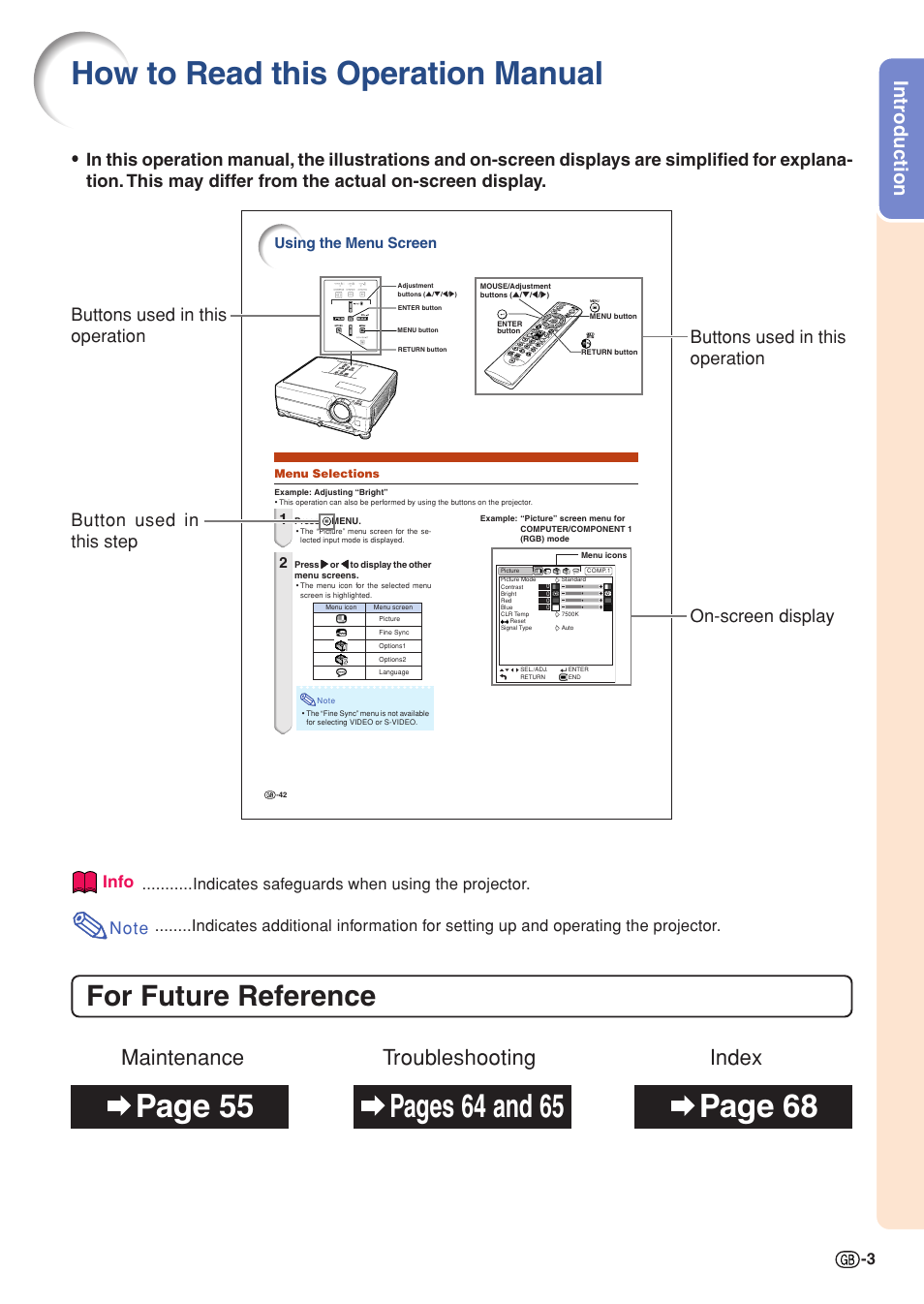 How to read this operation manual, For future reference, Maintenance troubleshooting index | Introduction, On-screen display button used in this step, Buttons used in this operation, Info, Indicates safeguards when using the projector, Using the menu screen | Sharp XG-C430X User Manual | Page 5 / 71