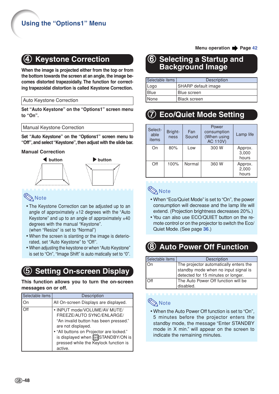 Keystone correction, Setting on-screen display, Selecting a startup and background image | Eco/quiet mode setting, Auto power off function, Is called, 44 keystone correction, 55 setting on-screen display, 88 auto power off function, Using the “options1” menu | Sharp XG-C430X User Manual | Page 50 / 71