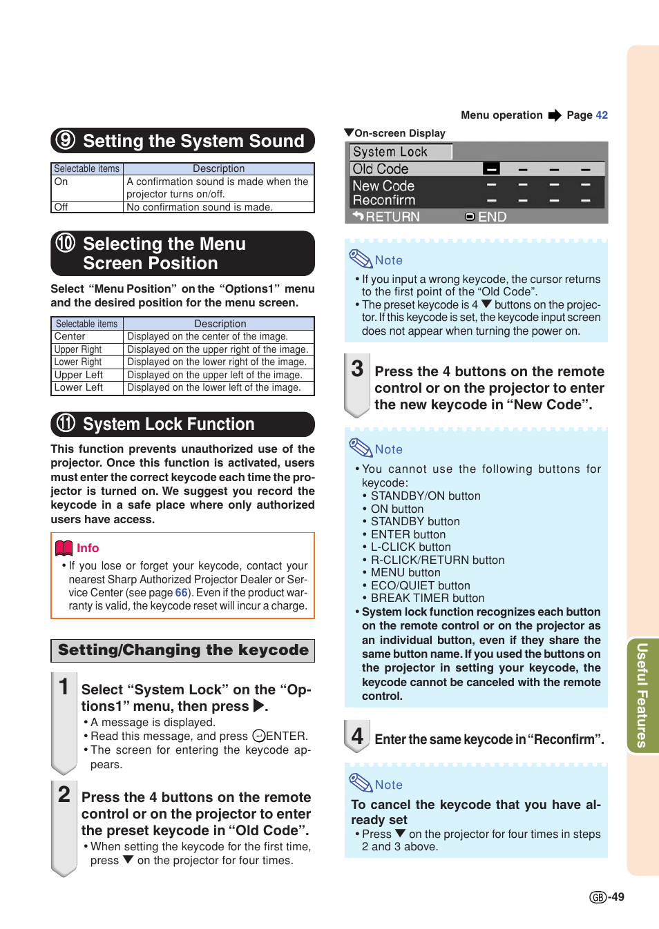 Setting the system sound, Selecting the menu screen position, System lock function | 99 setting the system sound, 00 selecting the menu screen position | Sharp XG-C430X User Manual | Page 51 / 71