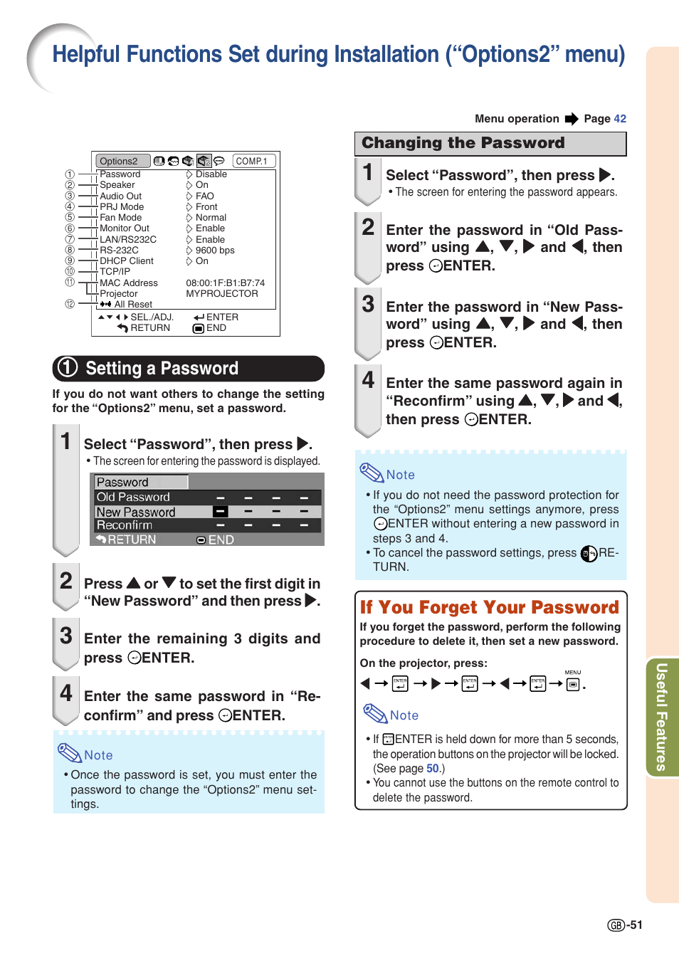 Setting a password, If you forget your password, Helpful functions set during installation | Options2” menu), Setting a password if you forget your password, 11 setting a password | Sharp XG-C430X User Manual | Page 53 / 71