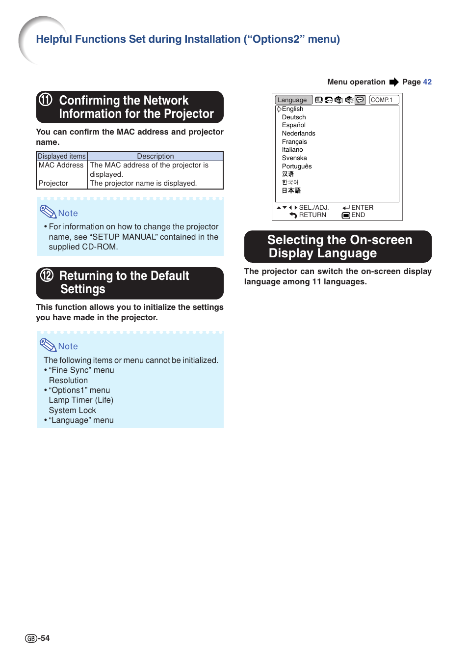 Returning to the default settings, Selecting the on-screen display language, Confirming the network information for the | Projector | Sharp XG-C430X User Manual | Page 56 / 71