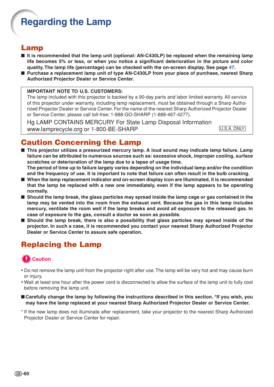 Regarding the lamp, Lamp, Caution concerning the lamp | Replacing the lamp | Sharp XG-C430X User Manual | Page 62 / 71