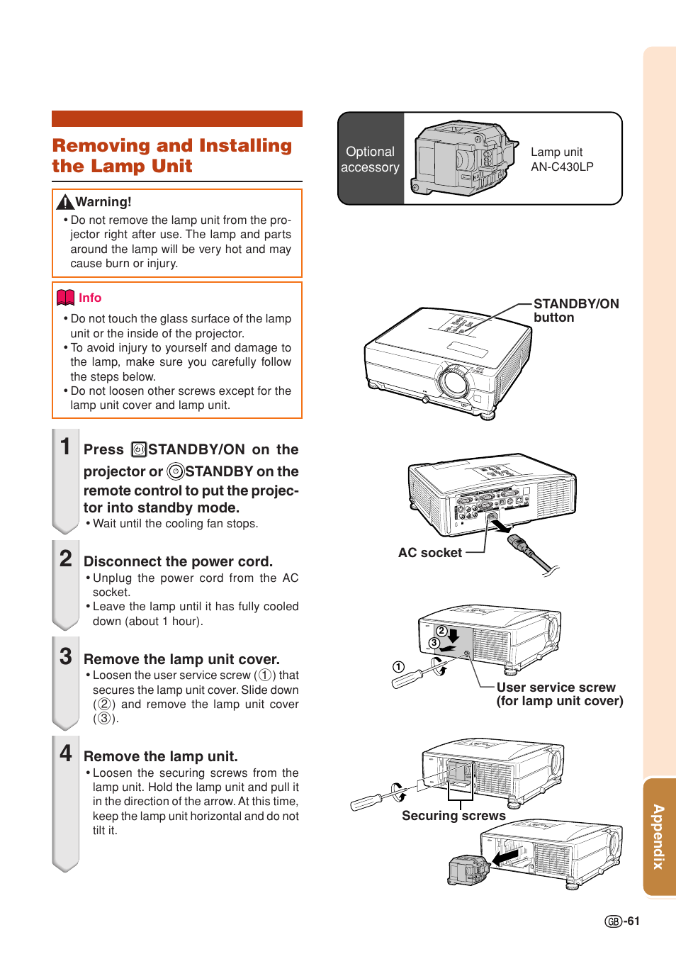 Removing and installing the lamp unit | Sharp XG-C430X User Manual | Page 63 / 71