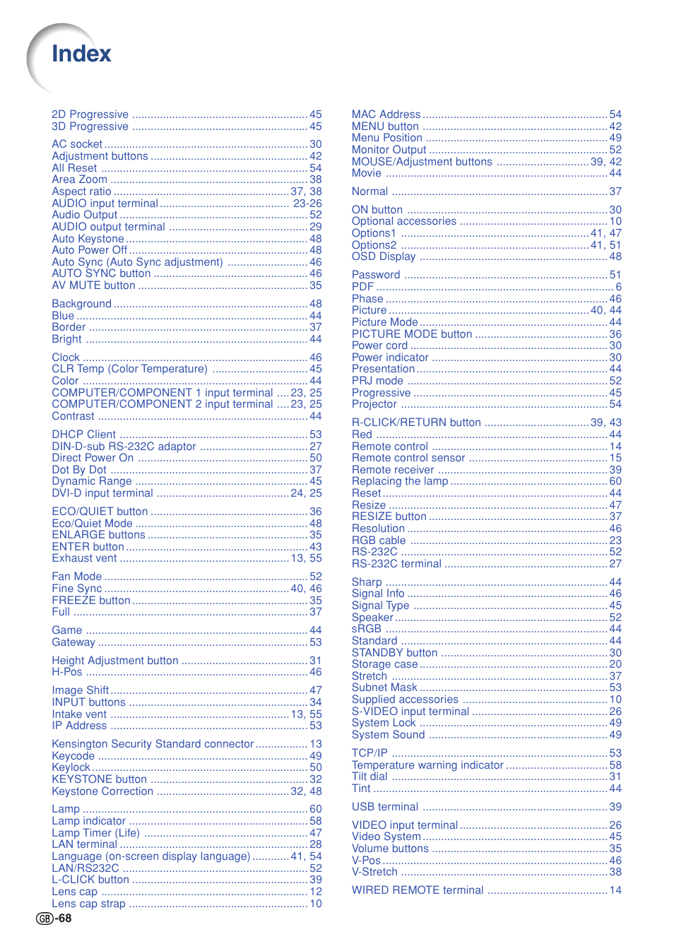 Index | Sharp XG-C430X User Manual | Page 70 / 71