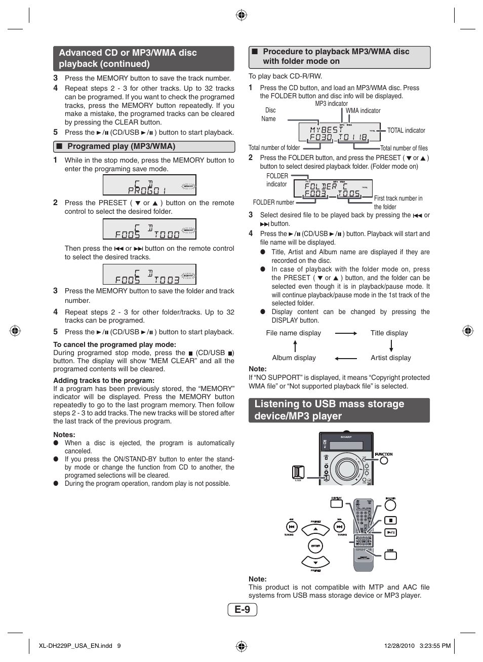 Programed play (mp3/wma), Listening to usb mass storage device/mp3 player, Advanced cd or mp3/wma disc playback (continued) | Sharp XL-DH229 User Manual | Page 10 / 16