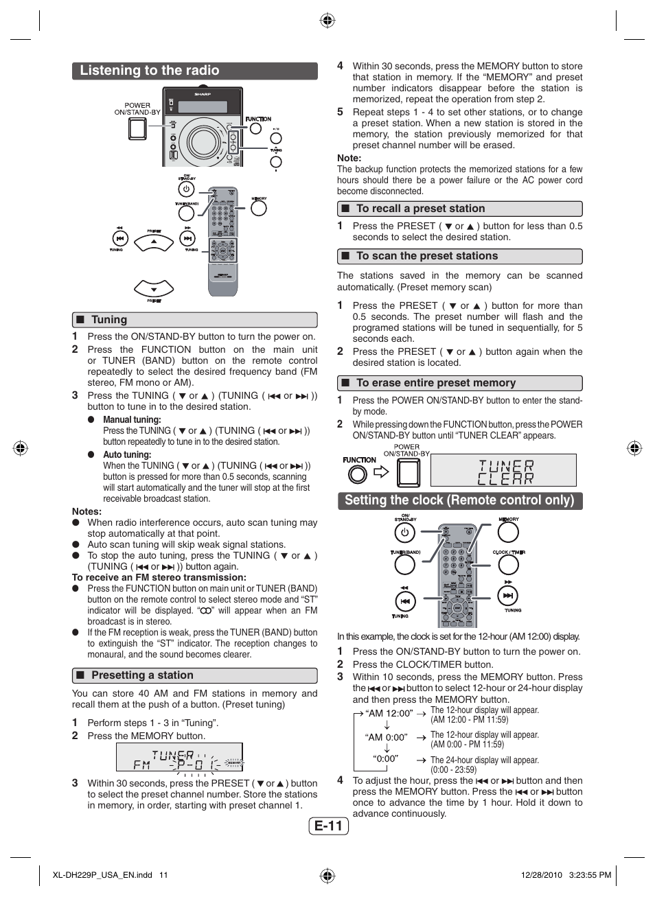 Listening to the radio, Tuning, Presetting a station | To recall a preset station, To scan the preset stations, To erase entire preset memory, Setting the clock (remote control only), E-11 | Sharp XL-DH229 User Manual | Page 12 / 16