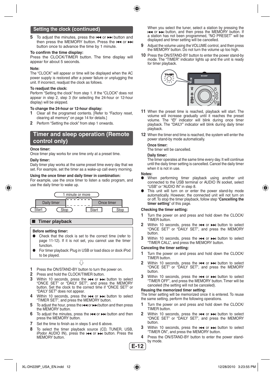 Timer and sleep operation (remote control only), Timer playback, E-12 | Setting the clock (continued) | Sharp XL-DH229 User Manual | Page 13 / 16