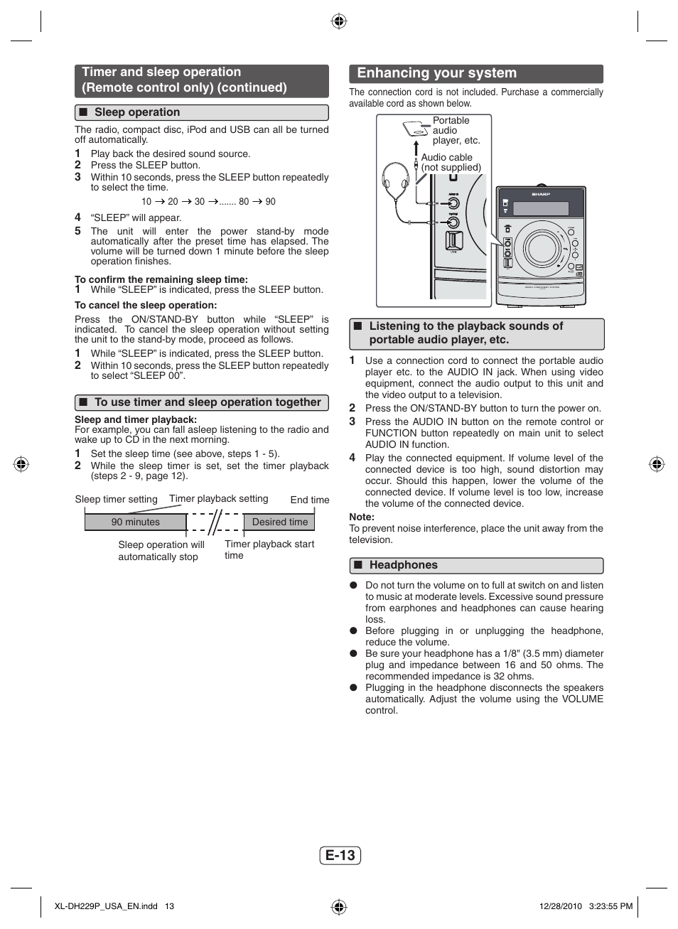 Sleep operation, To use timer and sleep operation together, Enhancing your system | Headphones, E-13 | Sharp XL-DH229 User Manual | Page 14 / 16