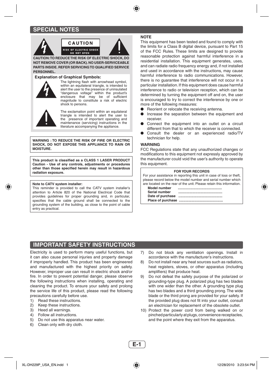 Important safety instructions | Sharp XL-DH229 User Manual | Page 2 / 16