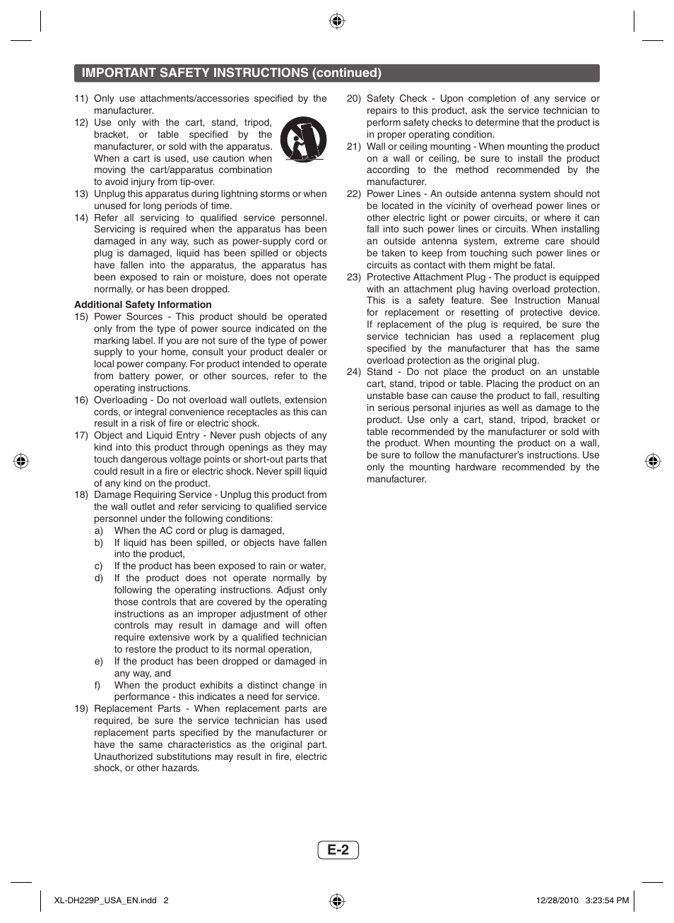 Important safety instructions (continued) | Sharp XL-DH229 User Manual | Page 3 / 16