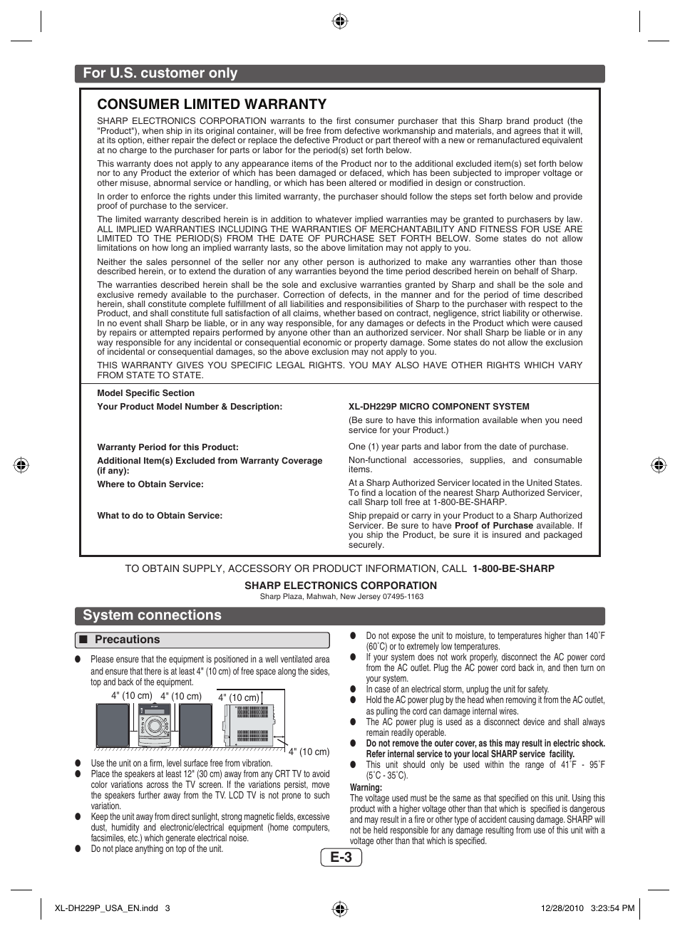 For u.s. customer only, System connections, Precautions | E-3 for u.s. customer only, Consumer limited warranty | Sharp XL-DH229 User Manual | Page 4 / 16